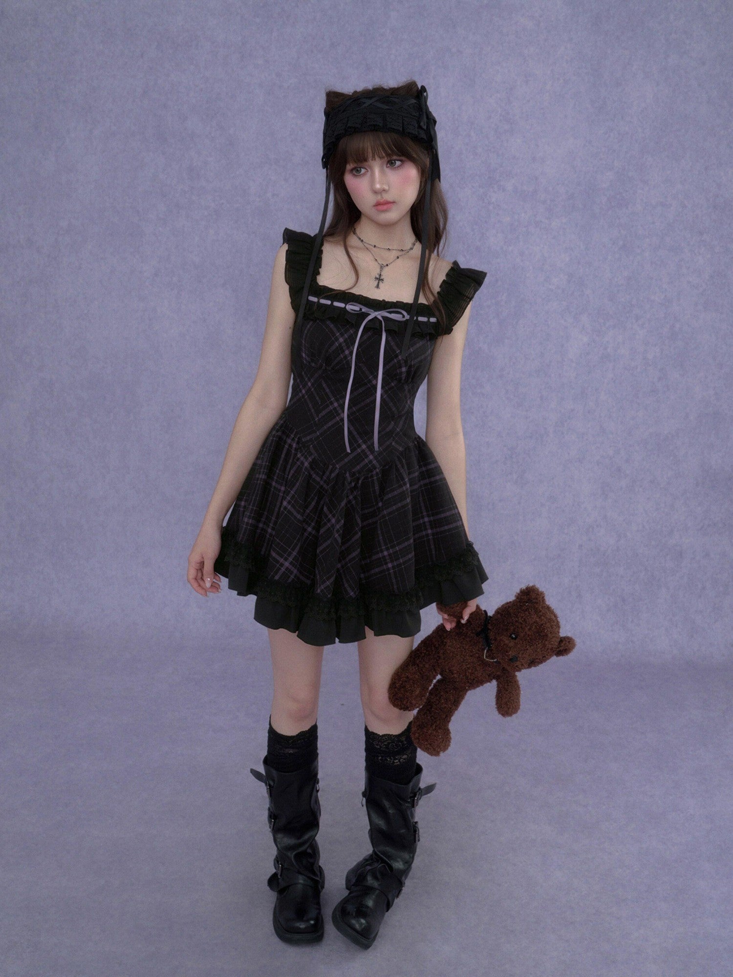 SagiDolls Black Purple Plaid Wide Strap Lace Aline Women's Viscose Corset Mini Dresses