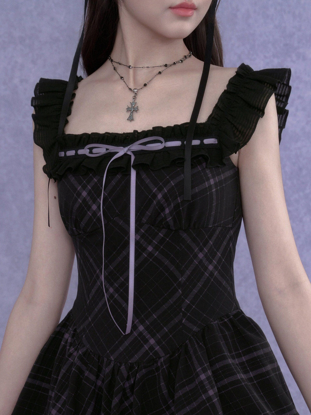 SagiDolls Black Purple Plaid Wide Strap Lace Aline Women's Viscose Corset Mini Dresses