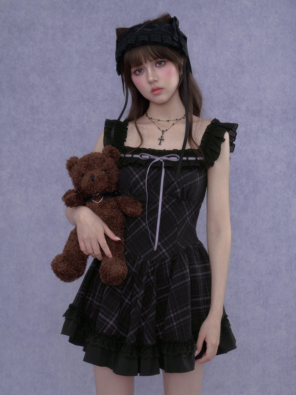 SagiDolls Black Purple Plaid Wide Strap Lace Aline Women's Viscose Corset Mini Dresses