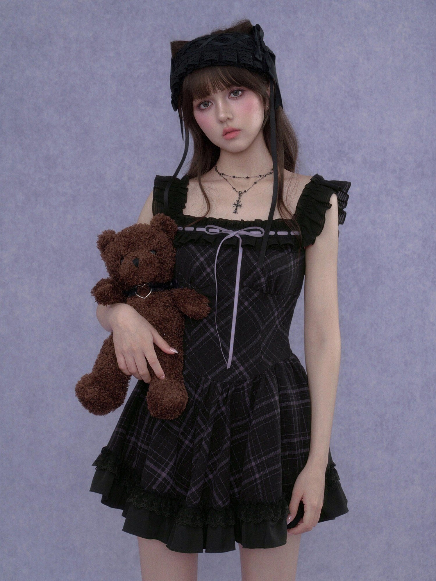 SagiDolls Black Purple Plaid Wide Strap Lace Aline Women's Viscose Corset Mini Dresses