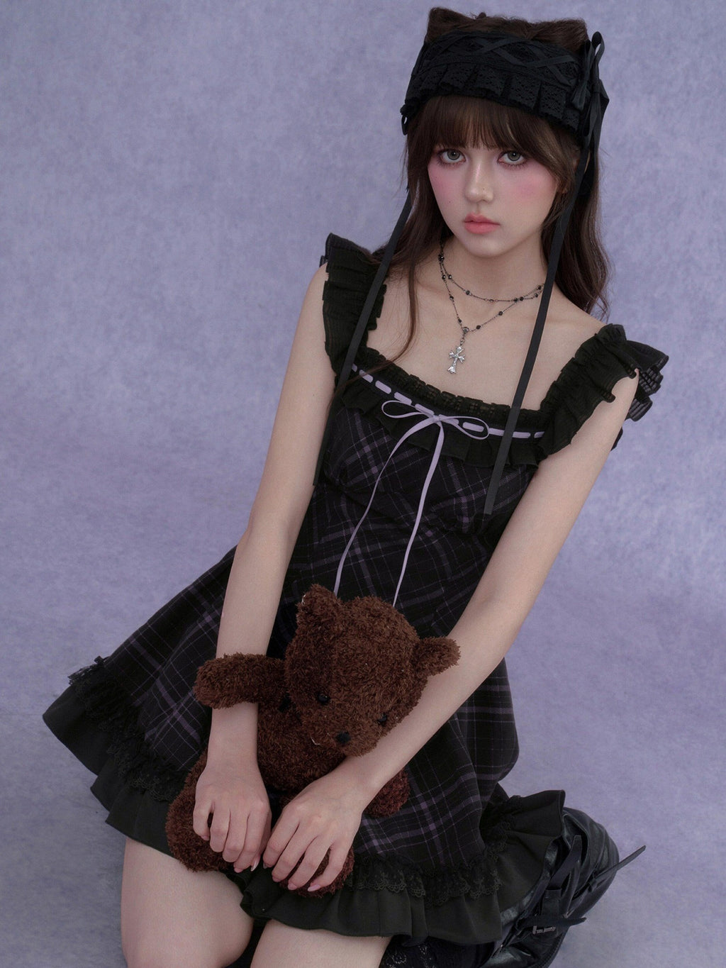 SagiDolls Black Purple Plaid Wide Strap Lace Aline Women's Viscose Corset Mini Dresses