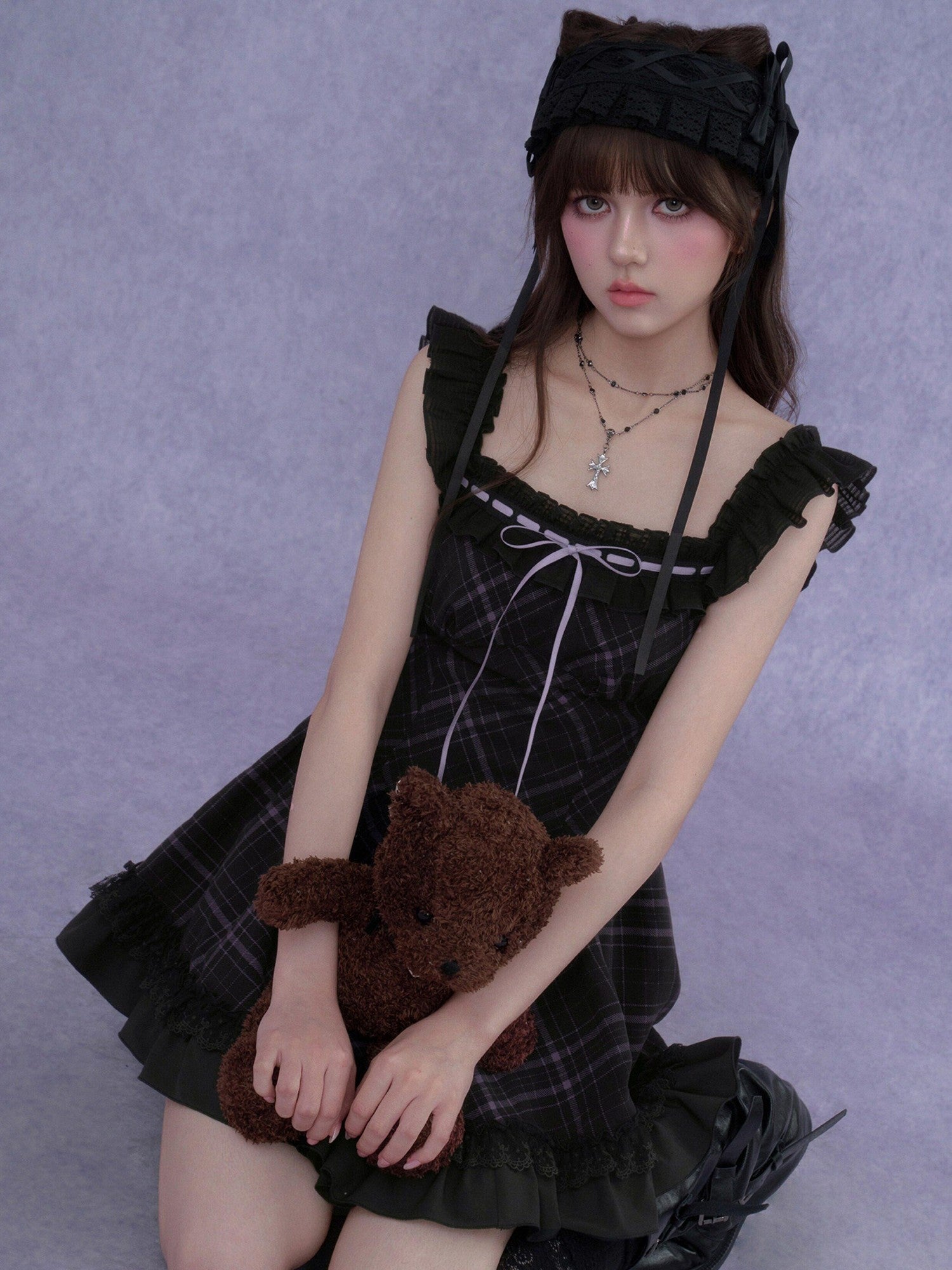 SagiDolls Black Purple Plaid Wide Strap Lace Aline Women's Viscose Corset Mini Dresses