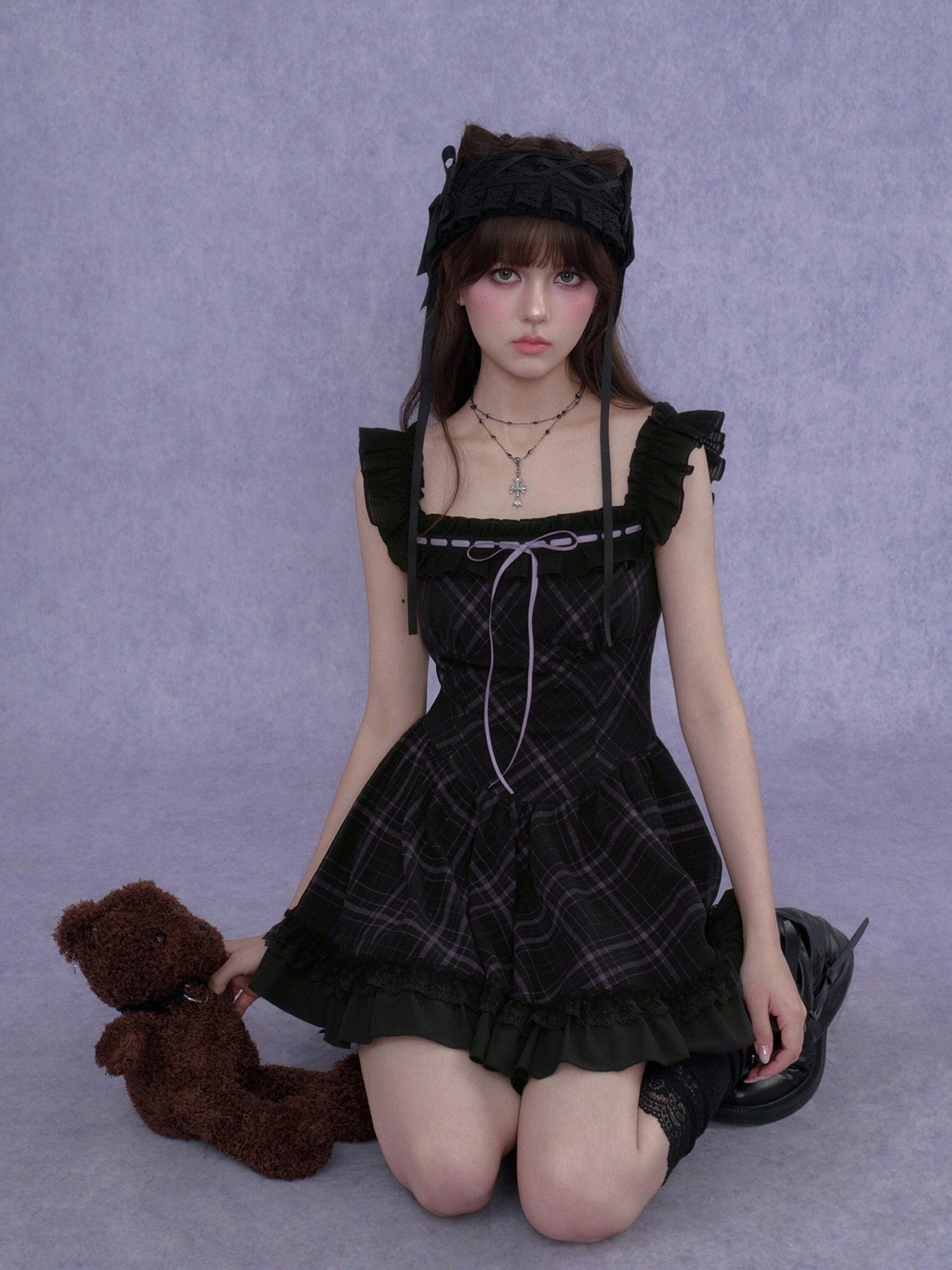 SagiDolls Black Purple Plaid Wide Strap Lace Aline Women's Viscose Corset Mini Dresses