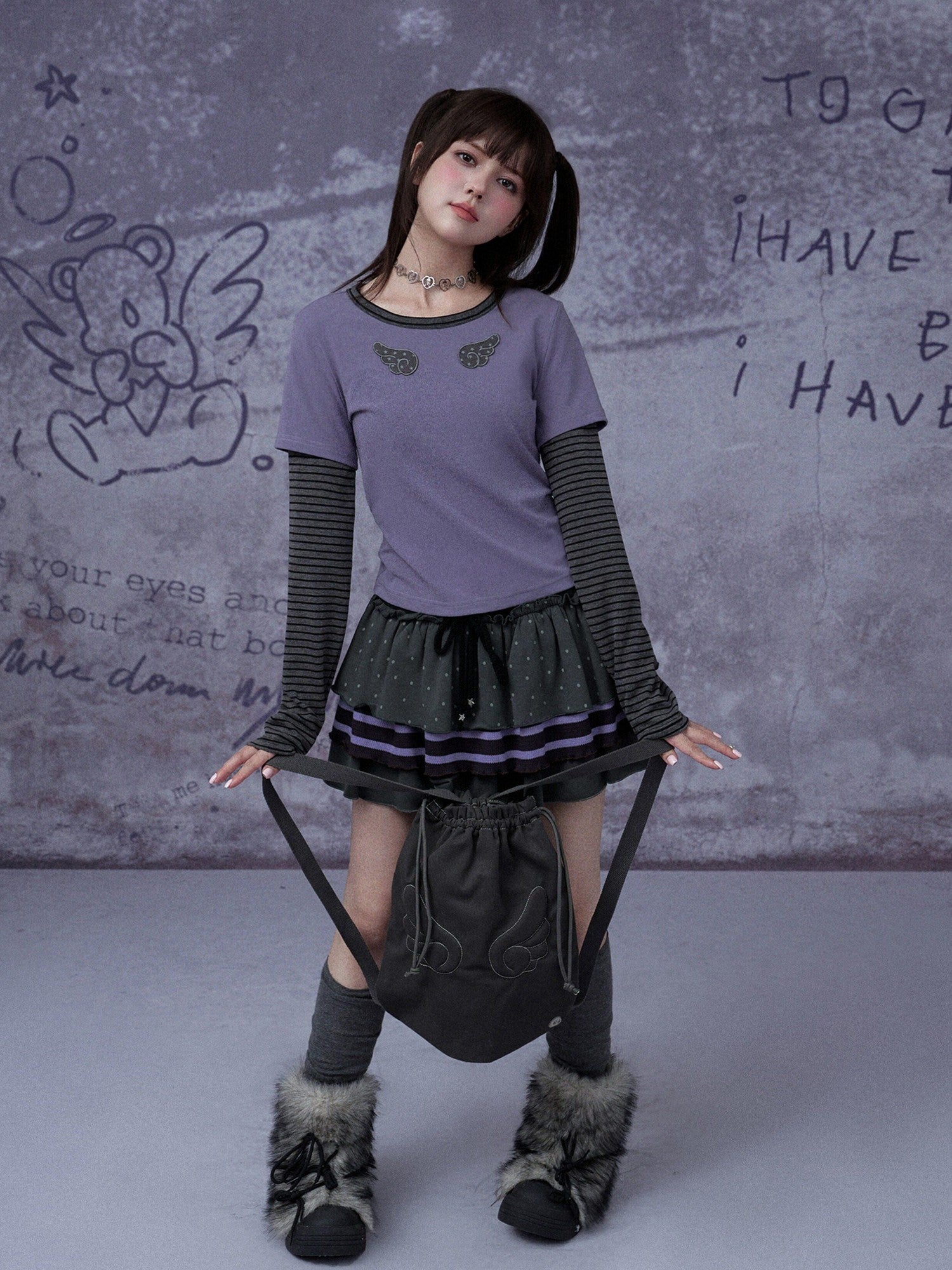 SagiDolls Black Purple Polka Dot Stripe Tie Mid Waist Ribbed Women's Cotton Tiered Skirts