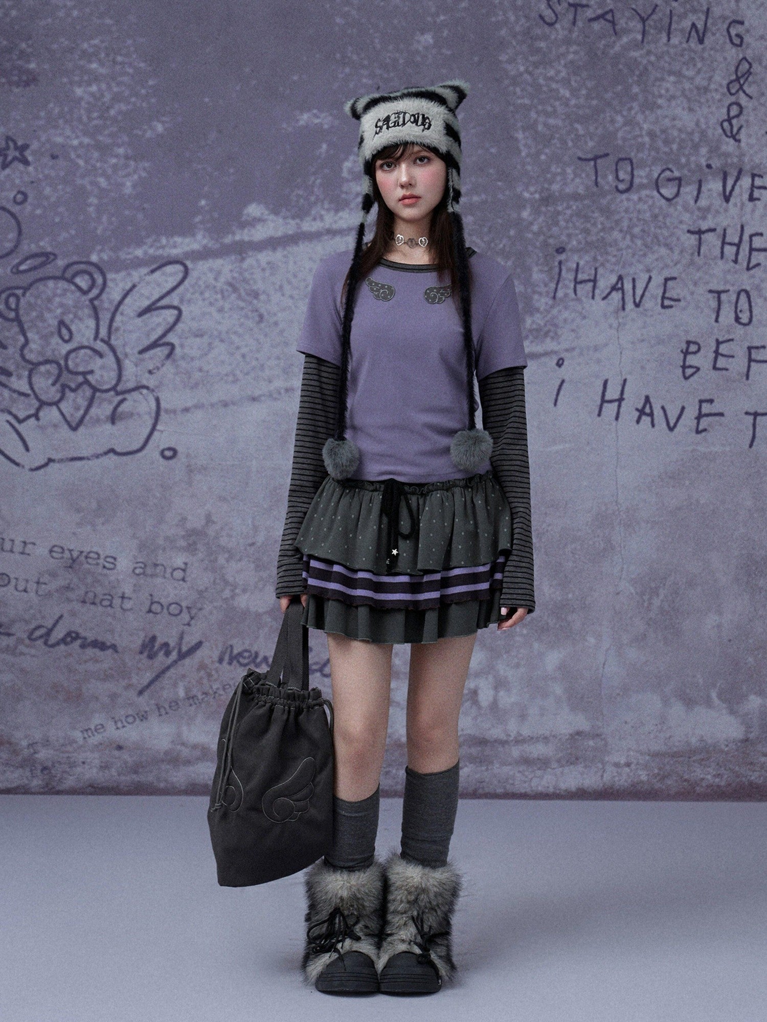 SagiDolls Black Purple Polka Dot Stripe Tie Mid Waist Ribbed Women's Cotton Tiered Skirts
