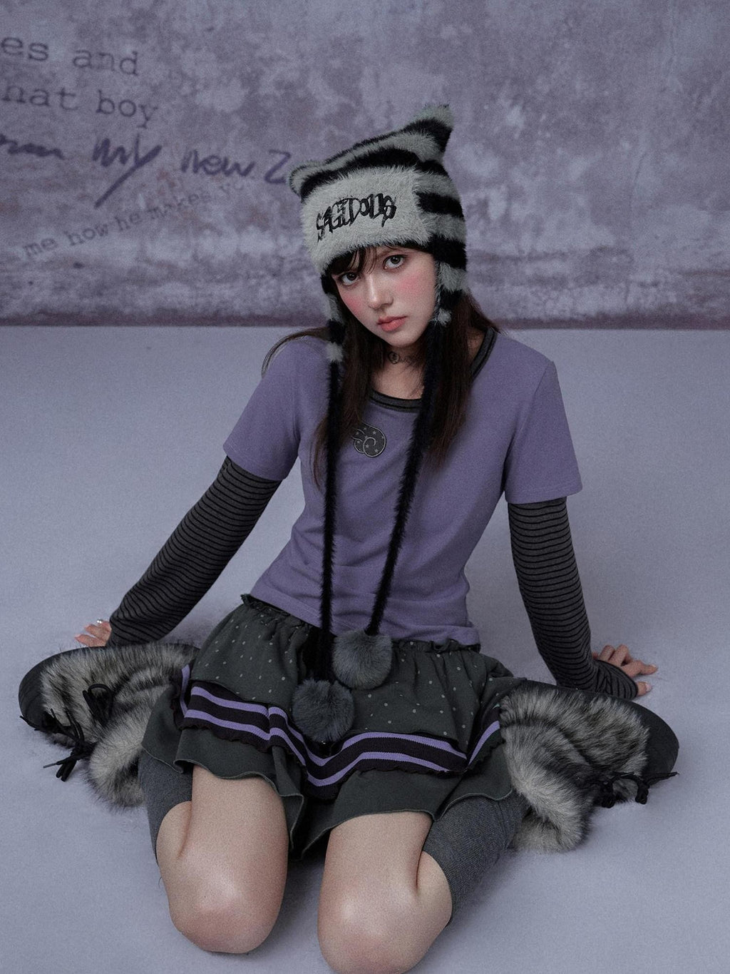 SagiDolls Black Purple Polka Dot Stripe Tie Mid Waist Ribbed Women's Cotton Tiered Skirts