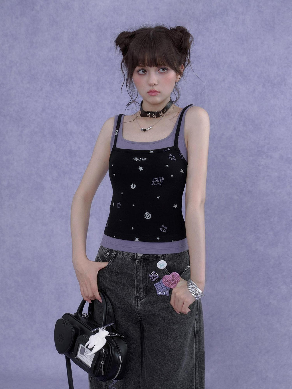SagiDolls Black Purple Print Cutout Fake Two Piece Women's Cotton Camisoles
