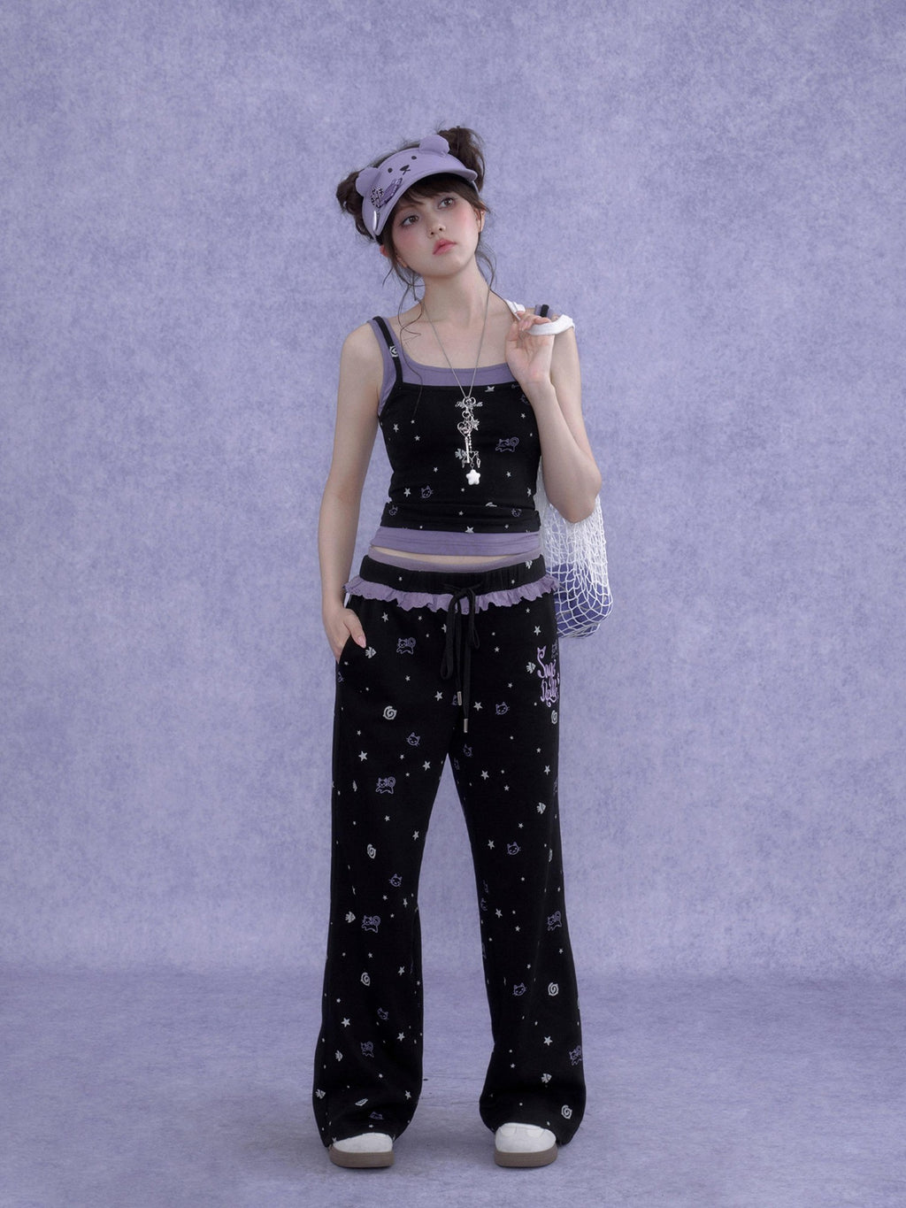 SagiDolls Black Purple Print Cutout Fake Two Piece Women's Cotton Camisoles