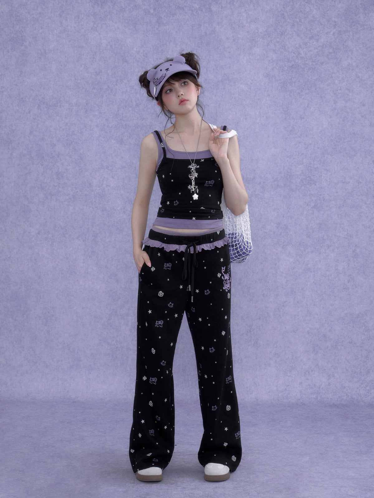 SagiDolls Black Purple Print Cutout Fake Two Piece Women's Cotton Camisoles