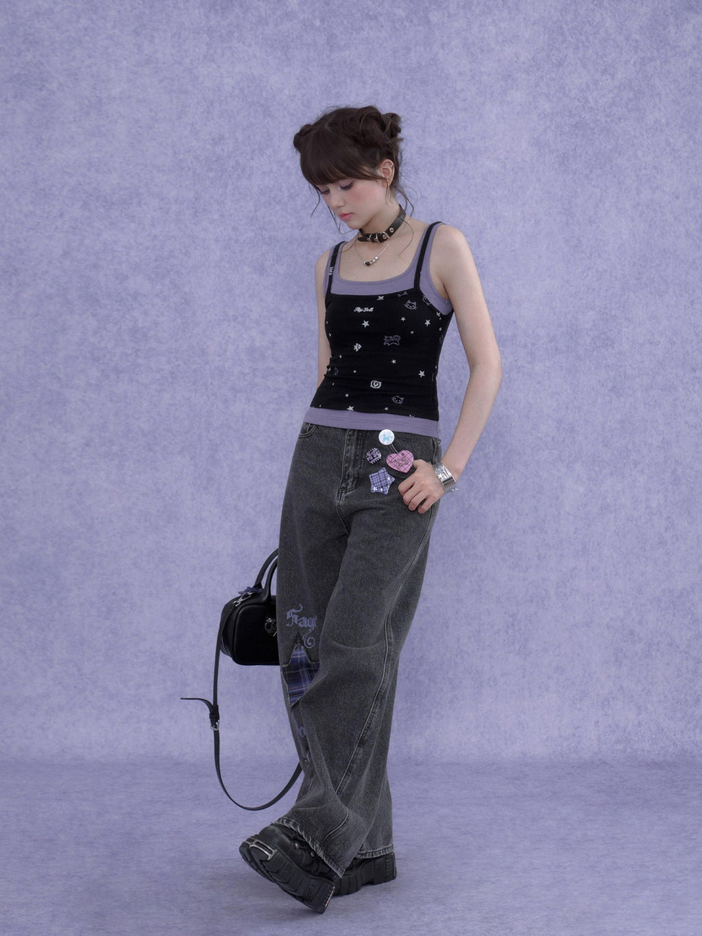 SagiDolls Black Purple Print Cutout Fake Two Piece Women's Cotton Camisoles