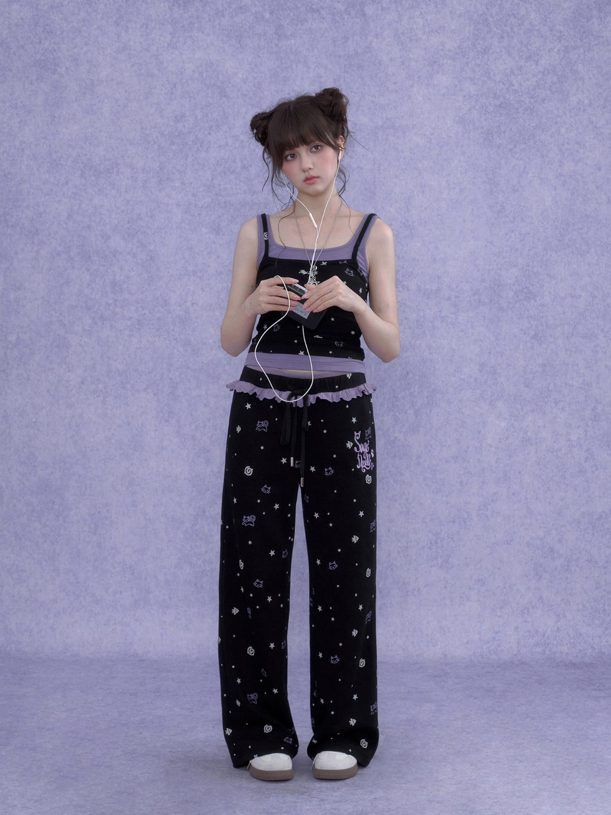 SagiDolls Black Purple Print Cutout Fake Two Piece Women's Cotton Camisoles