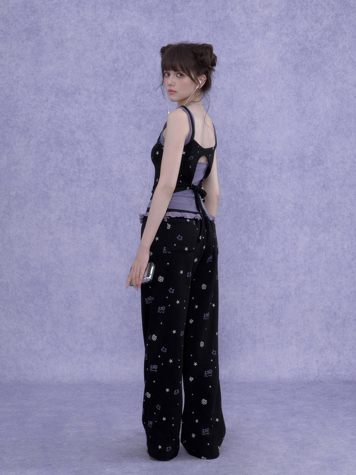 SagiDolls Black Purple Print Cutout Fake Two Piece Women's Cotton Camisoles