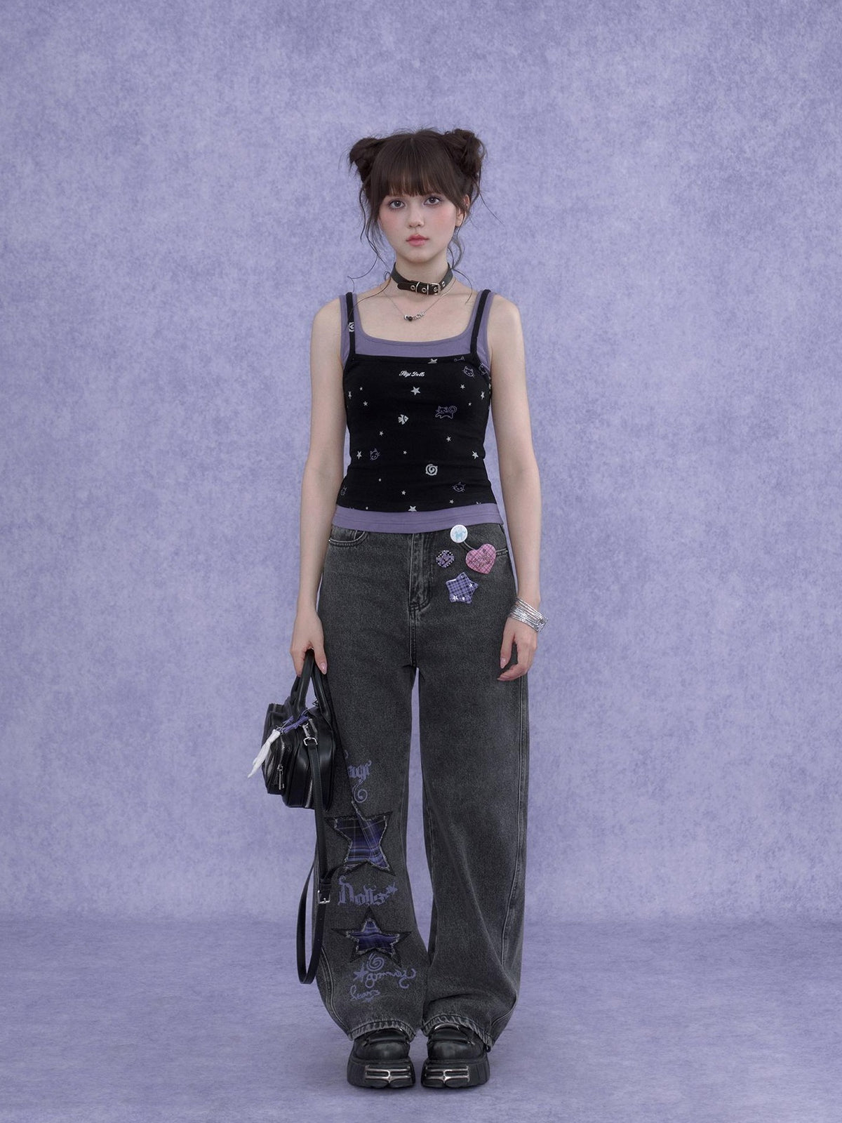 SagiDolls Black Purple Print Cutout Fake Two Piece Women's Cotton Camisoles