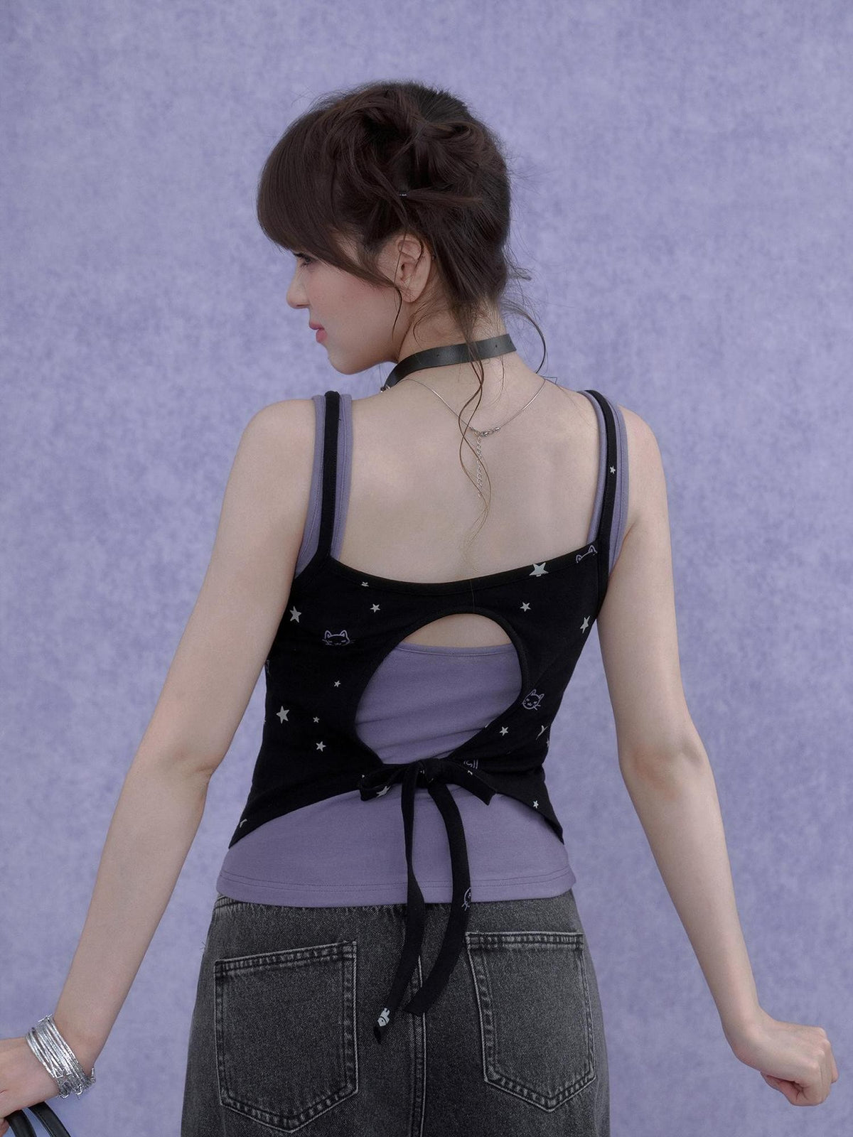 SagiDolls Black Purple Print Cutout Fake Two Piece Women's Cotton Camisoles