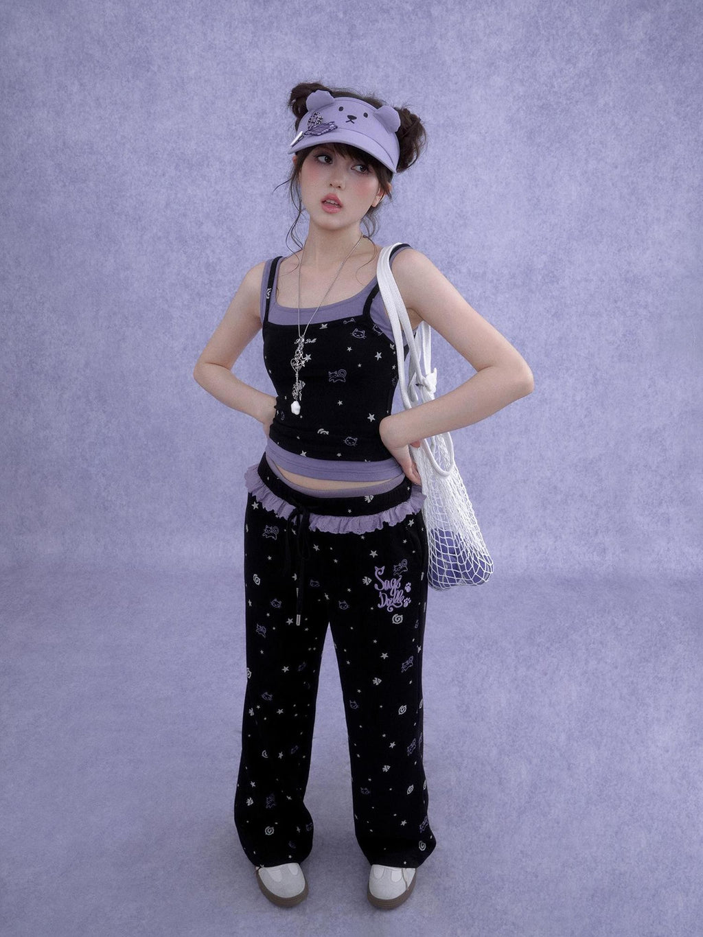 SagiDolls Black Purple Print Cutout Fake Two Piece Women's Cotton Camisoles