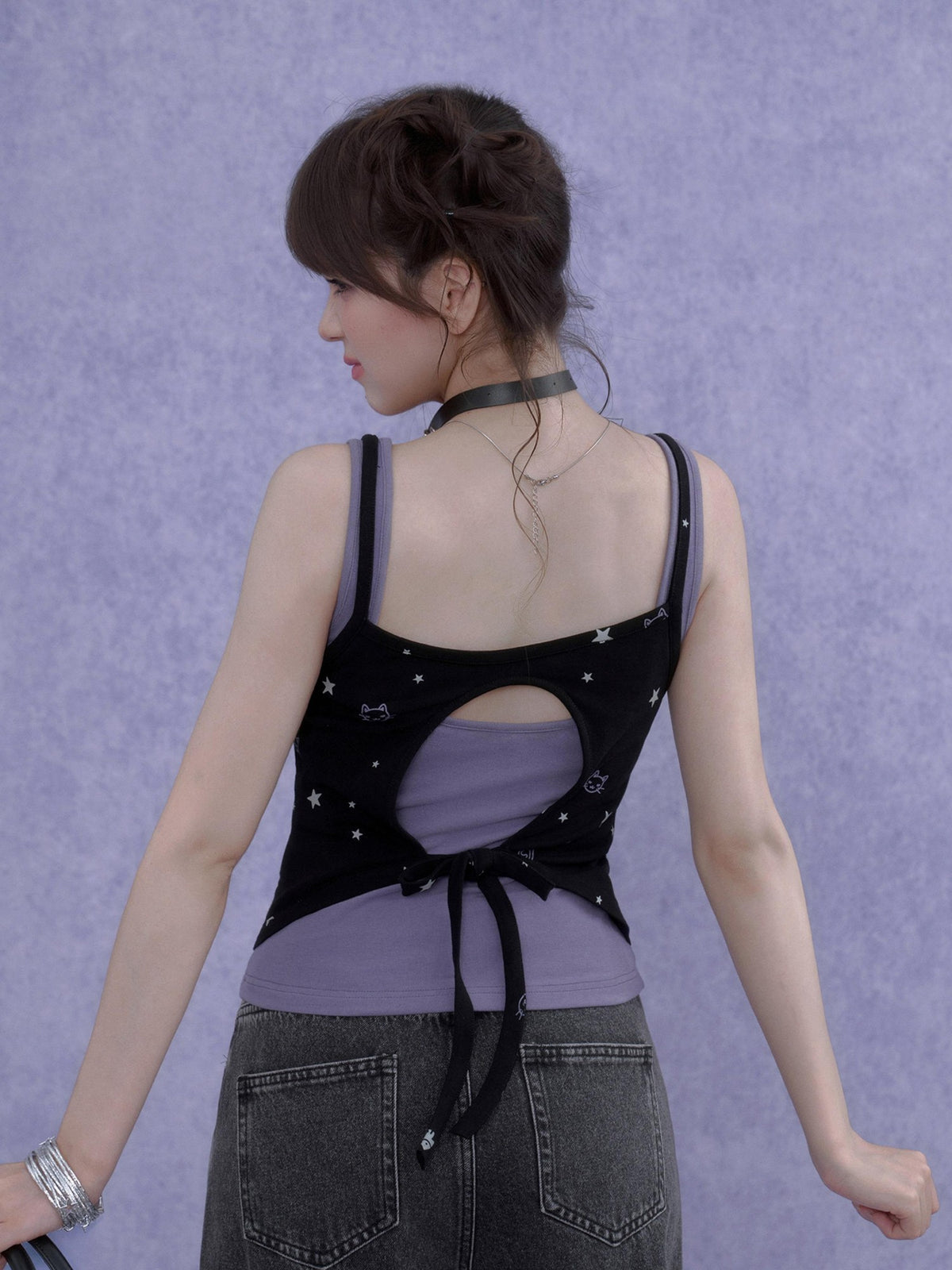 SagiDolls Black Purple Print Cutout Fake Two Piece Women's Cotton Camisoles