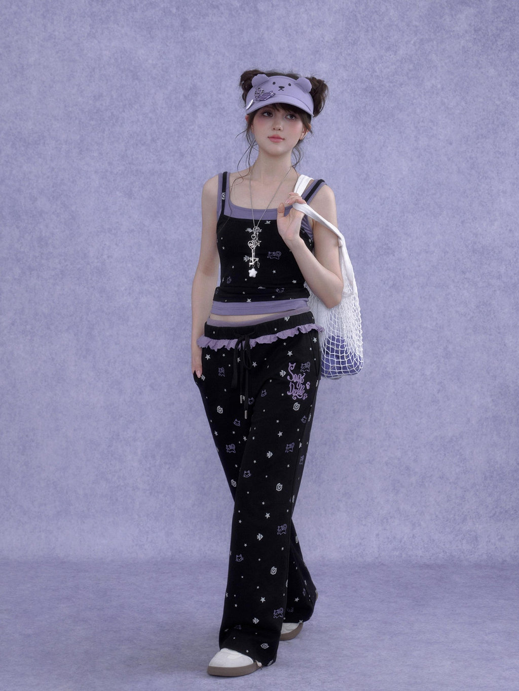SagiDolls Black Purple Print Cutout Fake Two Piece Women's Cotton Camisoles