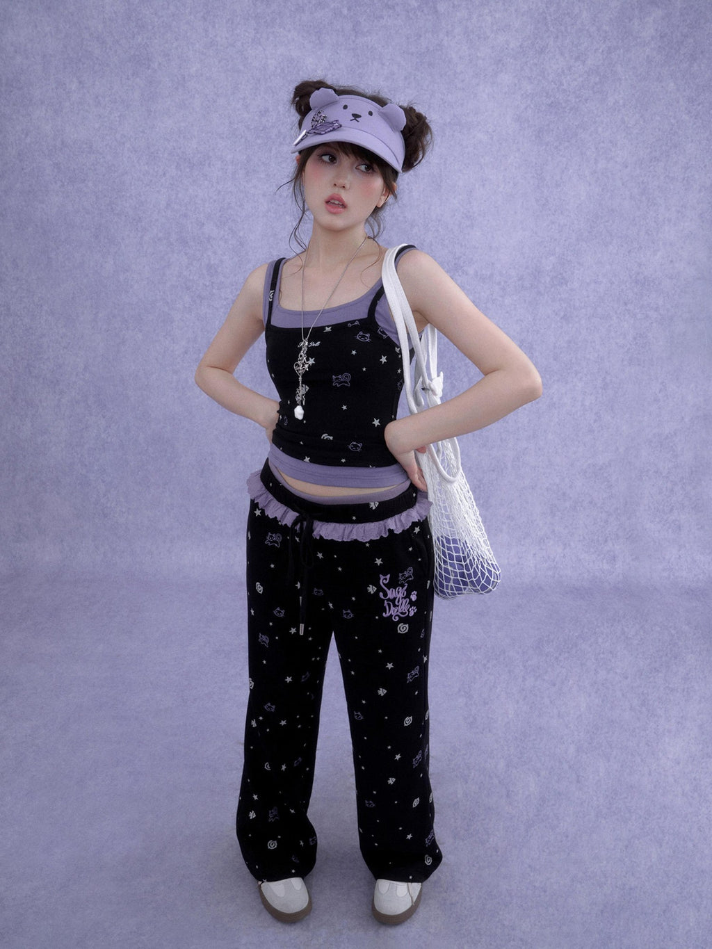 SagiDolls Black Purple Print Cutout Fake Two Piece Women's Cotton Camisoles