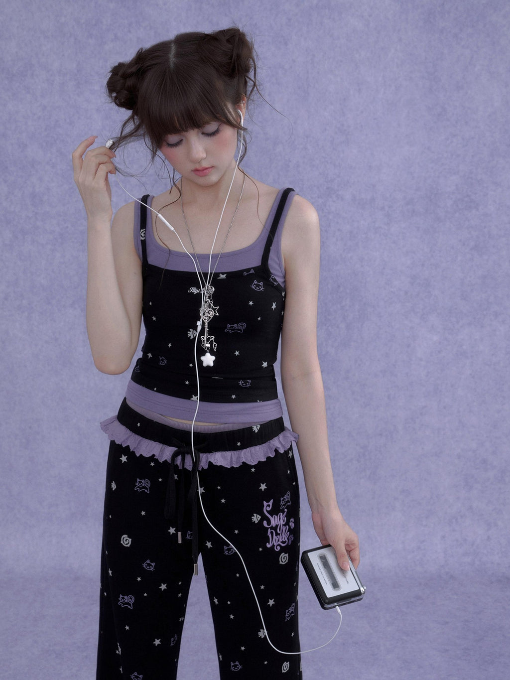 SagiDolls Black Purple Print Cutout Fake Two Piece Women's Cotton Camisoles