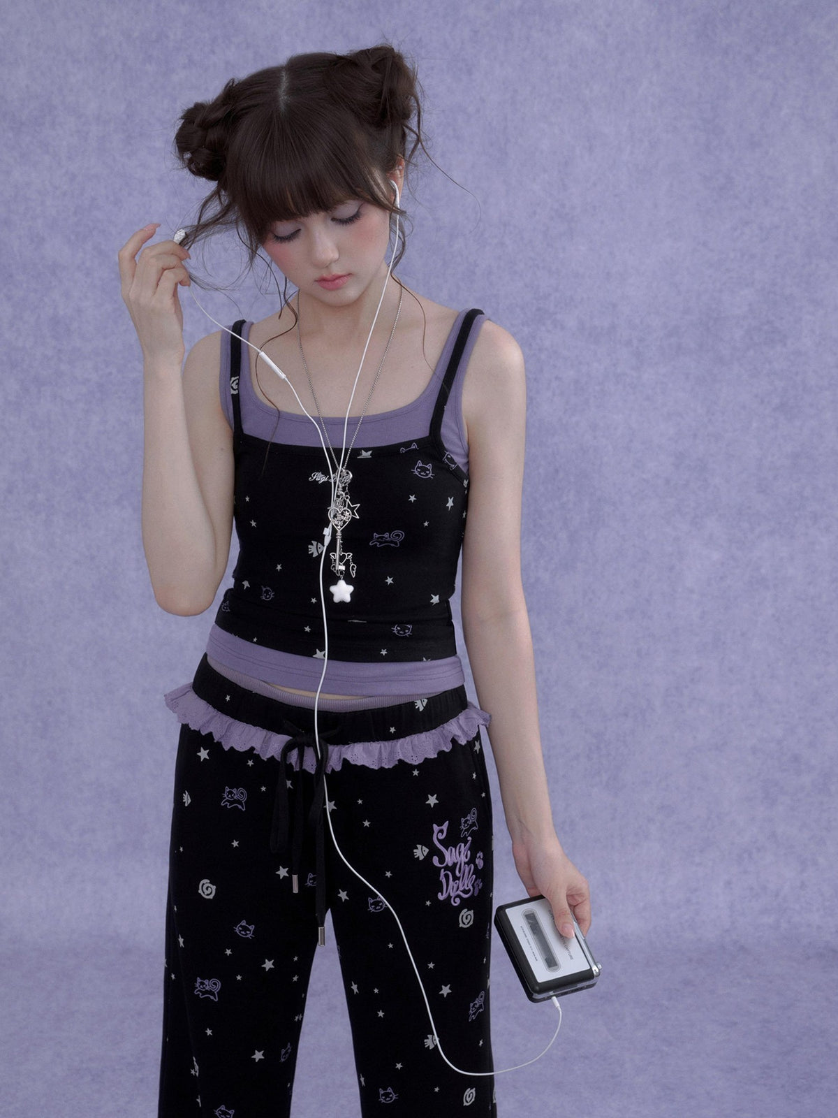 SagiDolls Black Purple Print Cutout Fake Two Piece Women's Cotton Camisoles