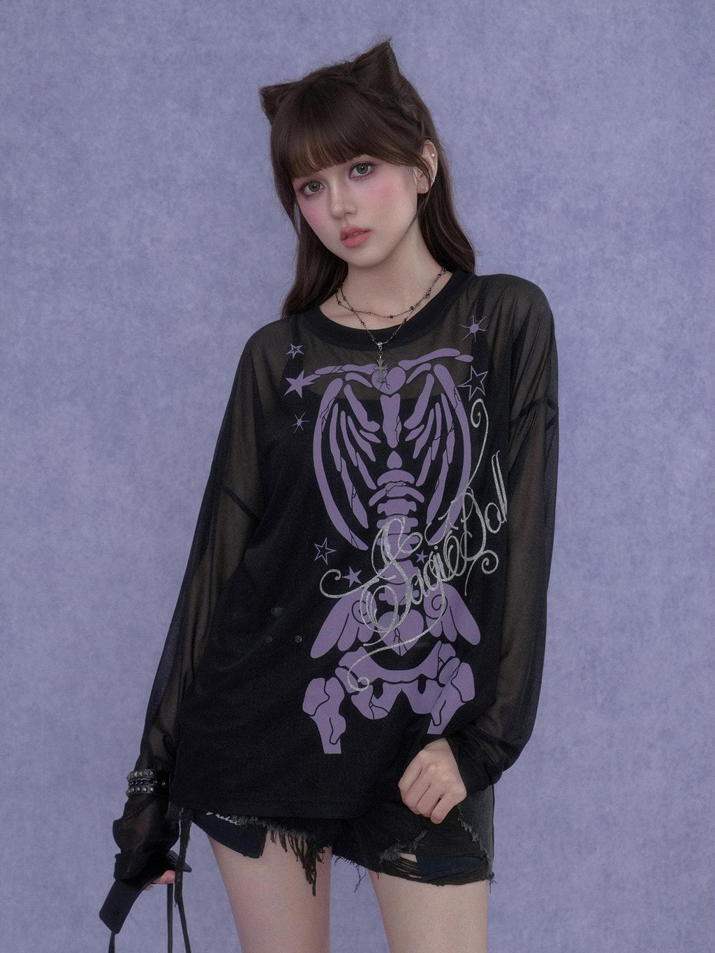 SagiDolls Black Purple Skull Glitter Print Women's Mesh Long Sleeve T-shirts