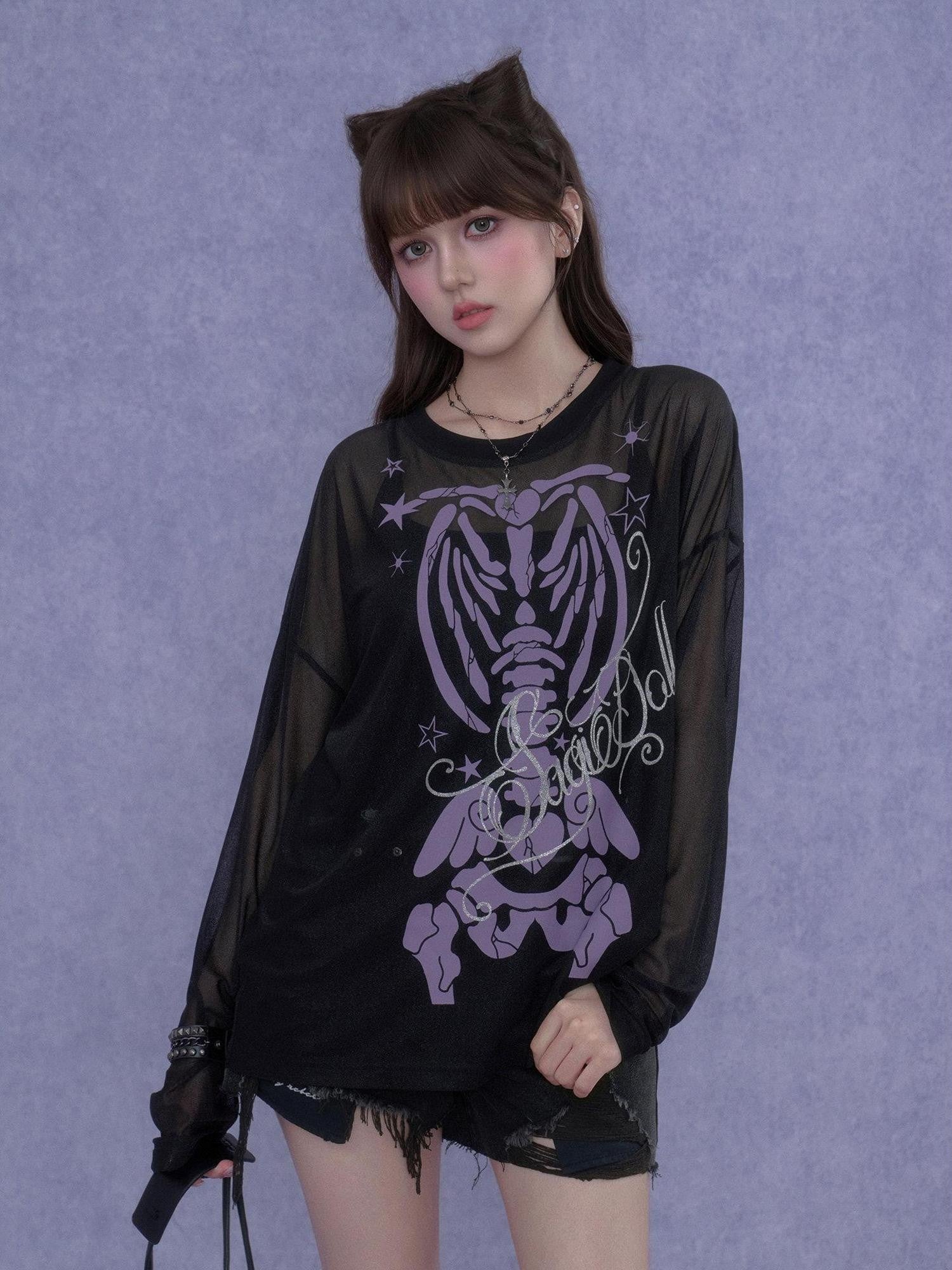 SagiDolls Black Purple Skull Glitter Print Women's Mesh Long Sleeve T-shirts