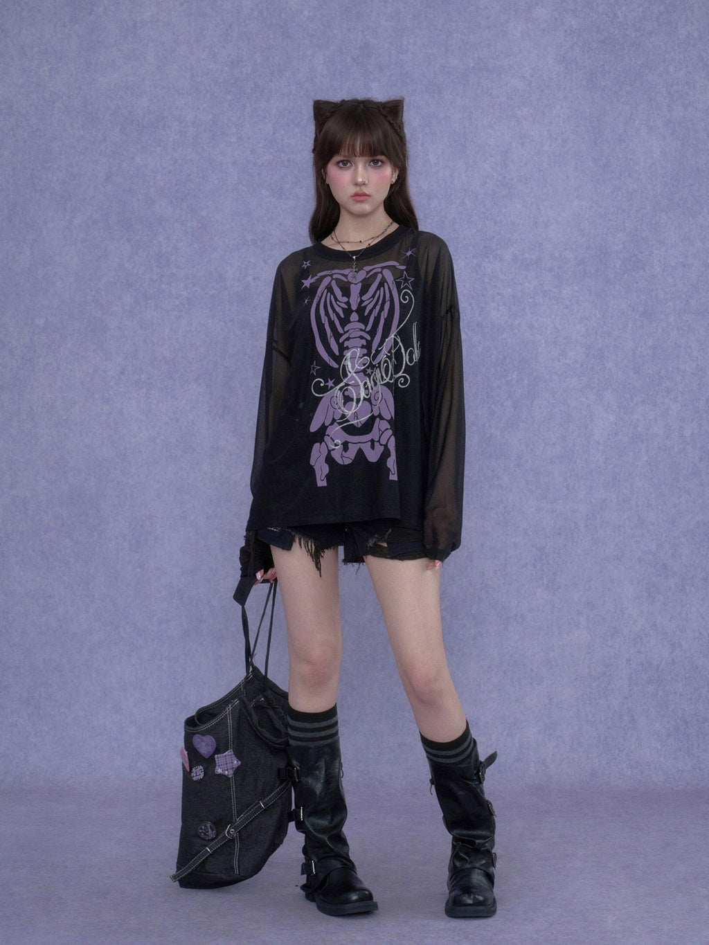 SagiDolls Black Purple Skull Glitter Print Women's Mesh Long Sleeve T-shirts