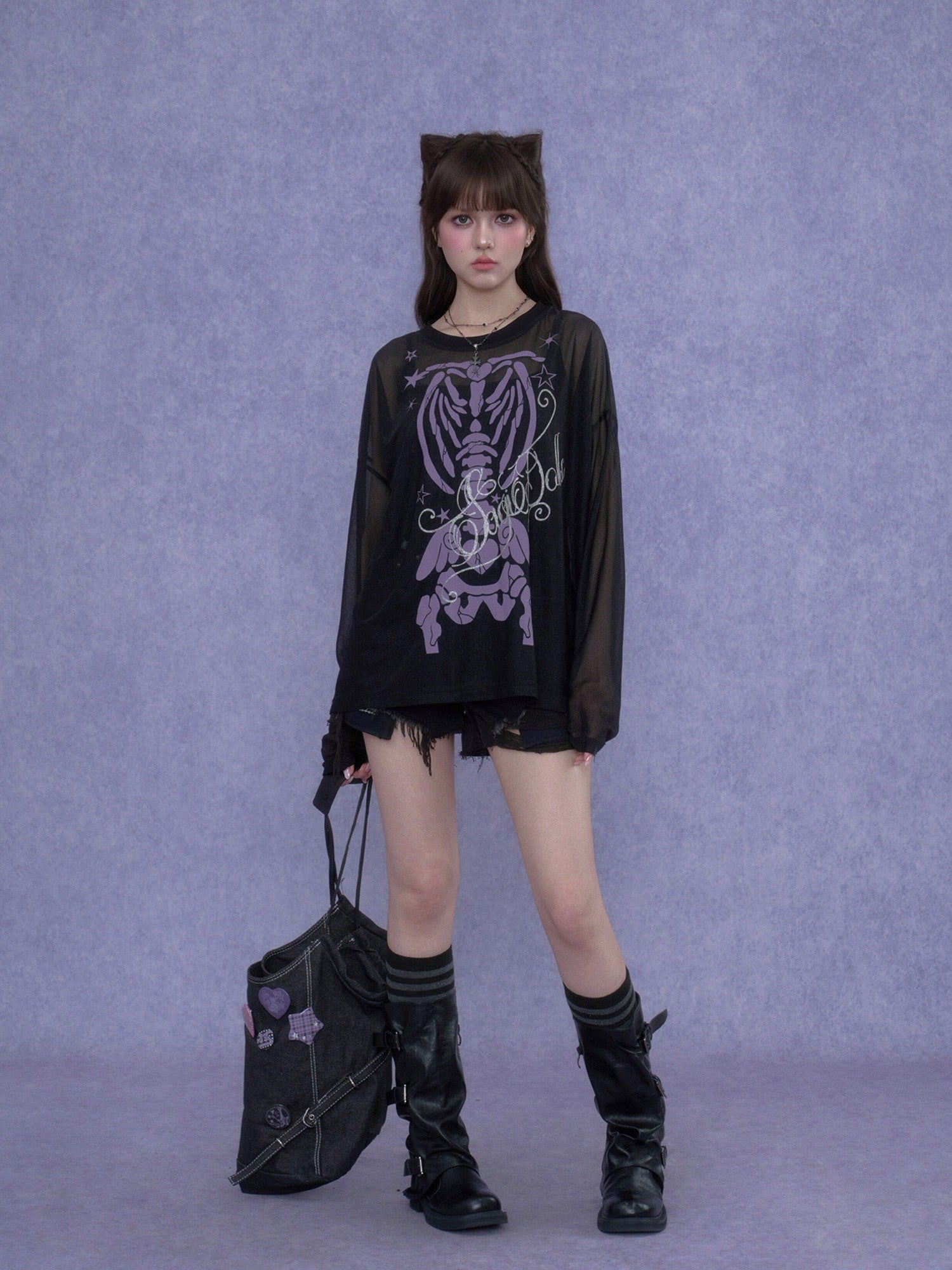 SagiDolls Black Purple Skull Glitter Print Women's Mesh Long Sleeve T-shirts