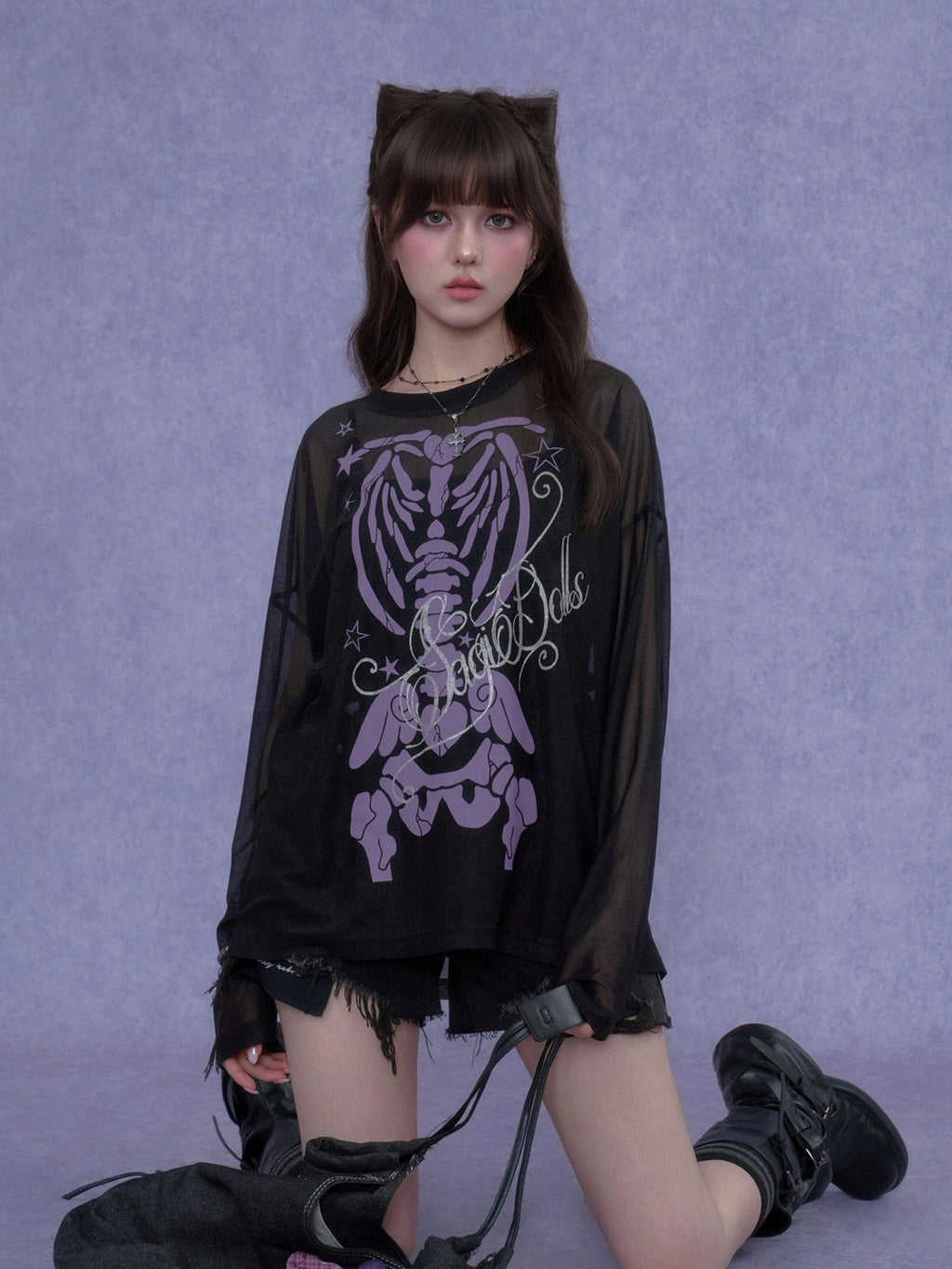 SagiDolls Black Purple Skull Glitter Print Women's Mesh Long Sleeve T-shirts