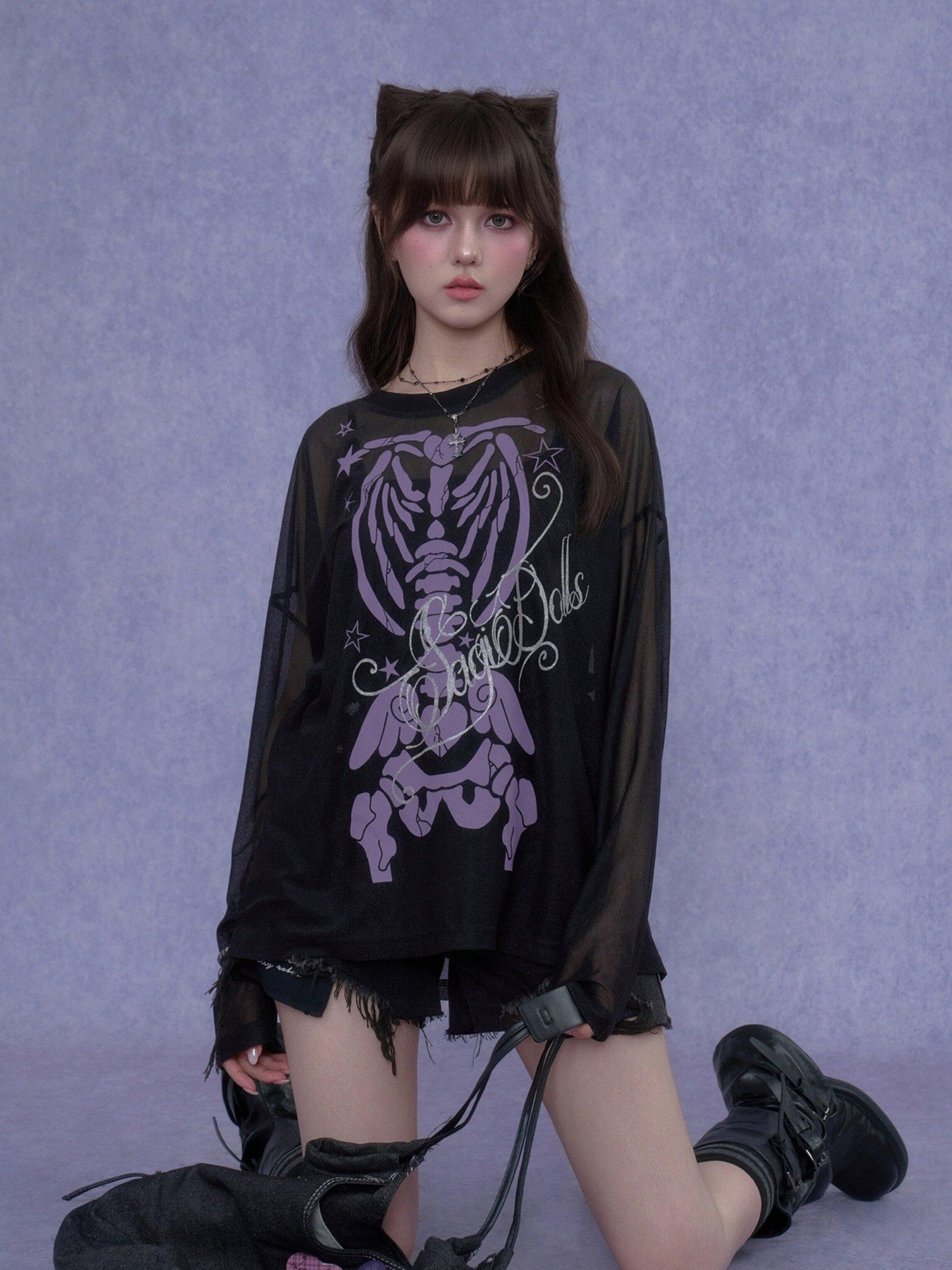 SagiDolls Black Purple Skull Glitter Print Women's Mesh Long Sleeve T-shirts