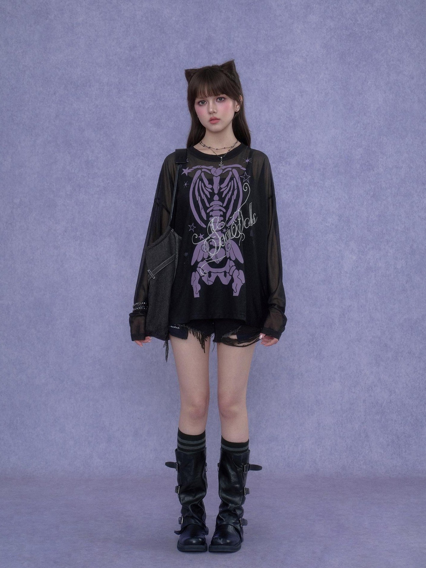 SagiDolls Black Purple Skull Glitter Print Women's Mesh Long Sleeve T-shirts