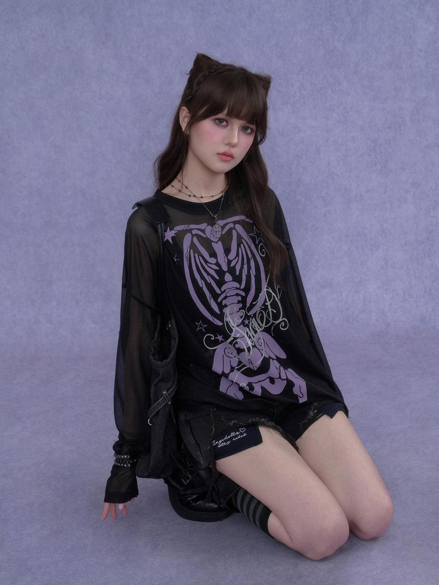 SagiDolls Black Purple Skull Glitter Print Women's Mesh Long Sleeve T-shirts