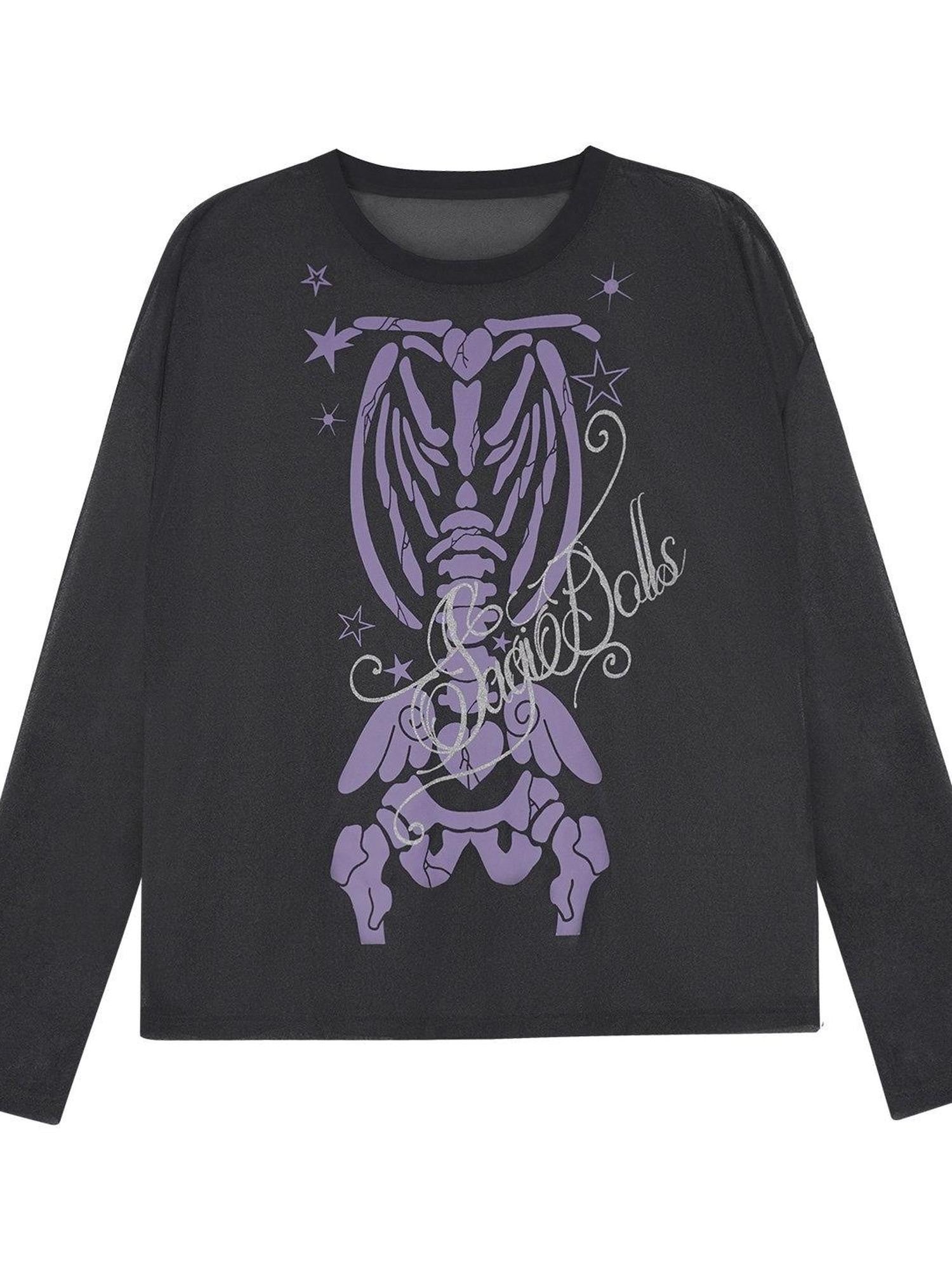 SagiDolls Black Purple Skull Glitter Print Women's Mesh Long Sleeve T-shirts