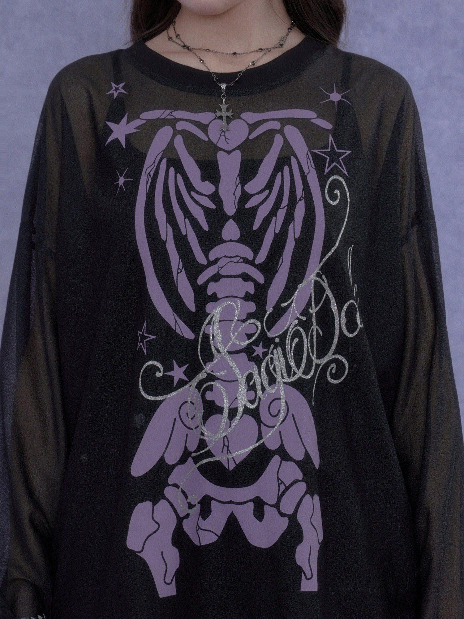 SagiDolls Black Purple Skull Glitter Print Women's Mesh Long Sleeve T-shirts