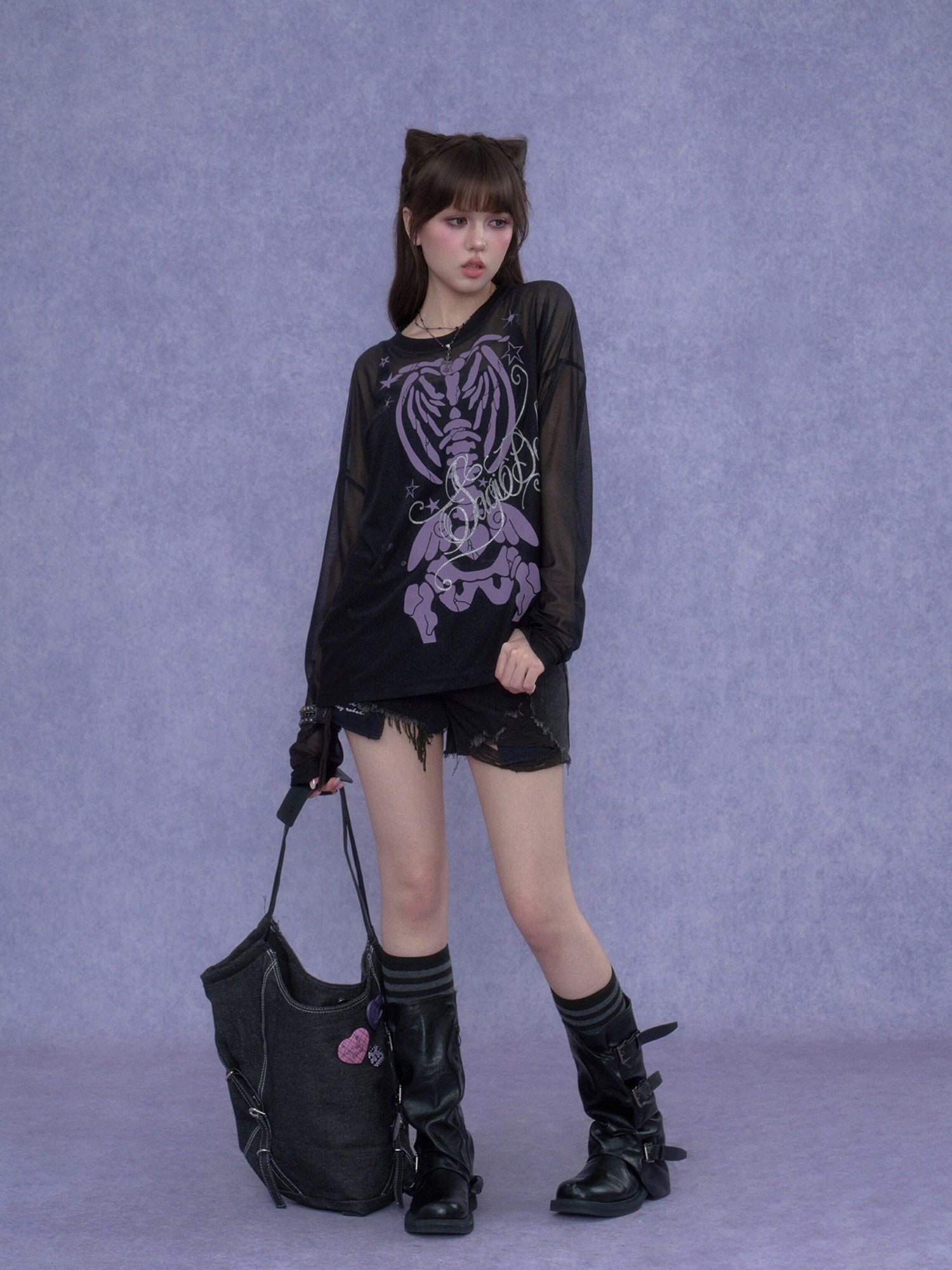 SagiDolls Black Purple Skull Glitter Print Women's Mesh Long Sleeve T-shirts