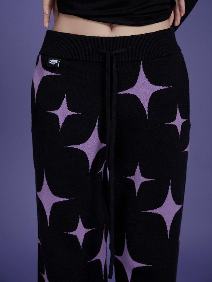 SagiDolls Black Purple Star Knit Asymmetric High Waist Pocket Women's Viscose Sweatpants