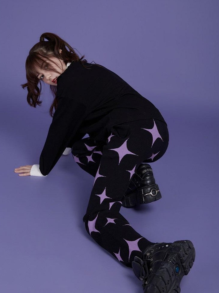 SagiDolls Black Purple Star Knit Asymmetric High Waist Pocket Women's Viscose Sweatpants