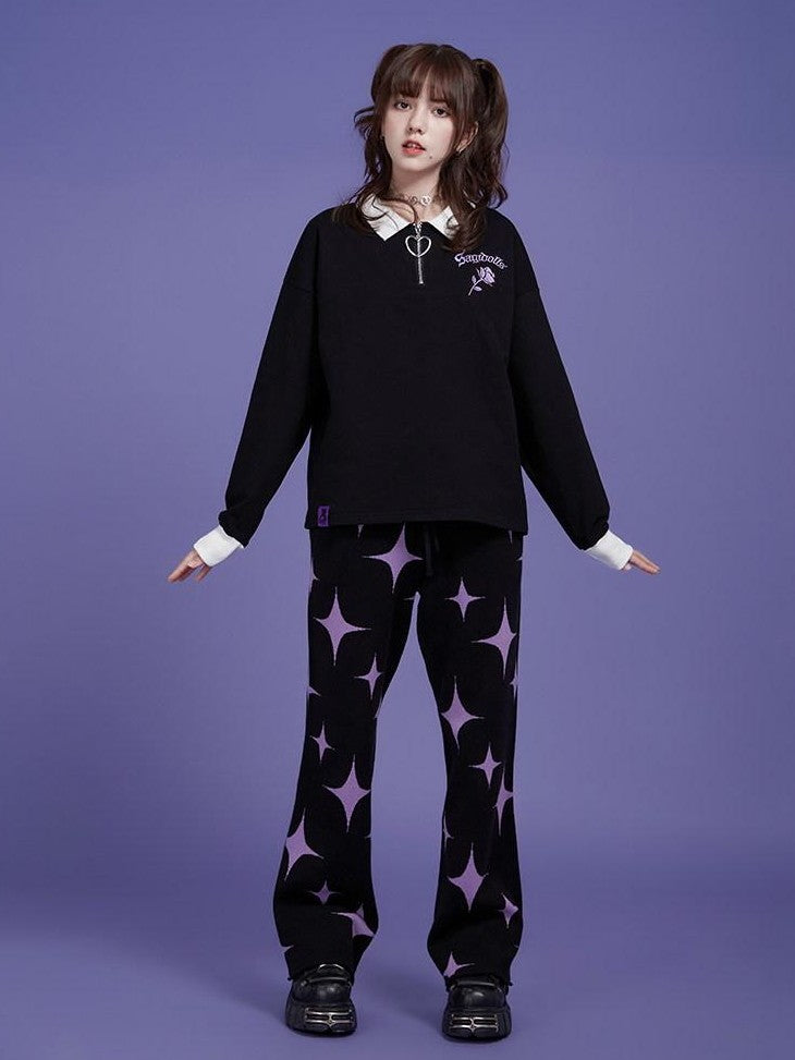 SagiDolls Black Purple Star Knit Asymmetric High Waist Pocket Women's Viscose Sweatpants