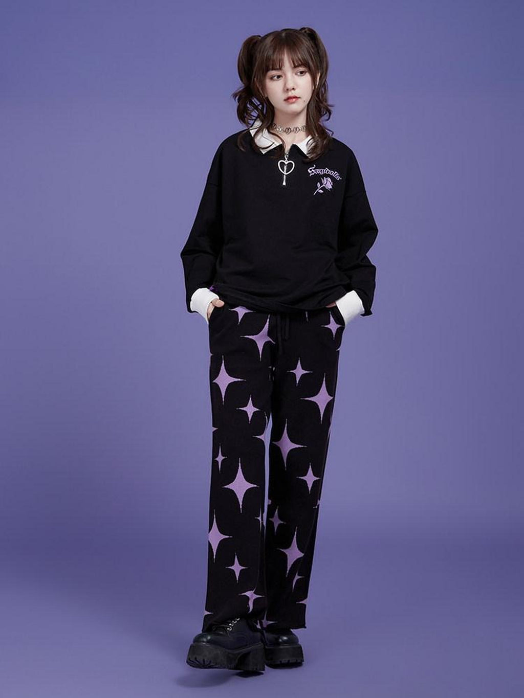 SagiDolls Black Purple Star Knit Asymmetric High Waist Pocket Women's Viscose Sweatpants