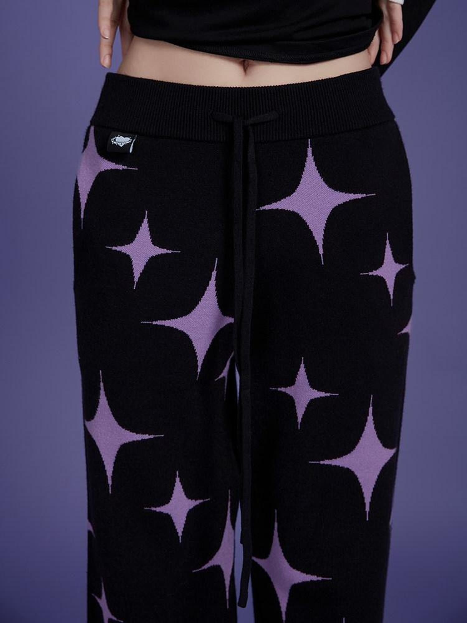 SagiDolls Black Purple Star Knit Asymmetric High Waist Pocket Women's Viscose Sweatpants