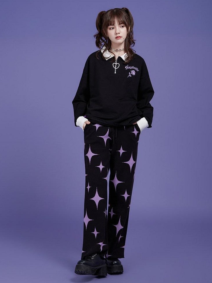 SagiDolls Black Purple Star Knit Asymmetric High Waist Pocket Women's Viscose Sweatpants