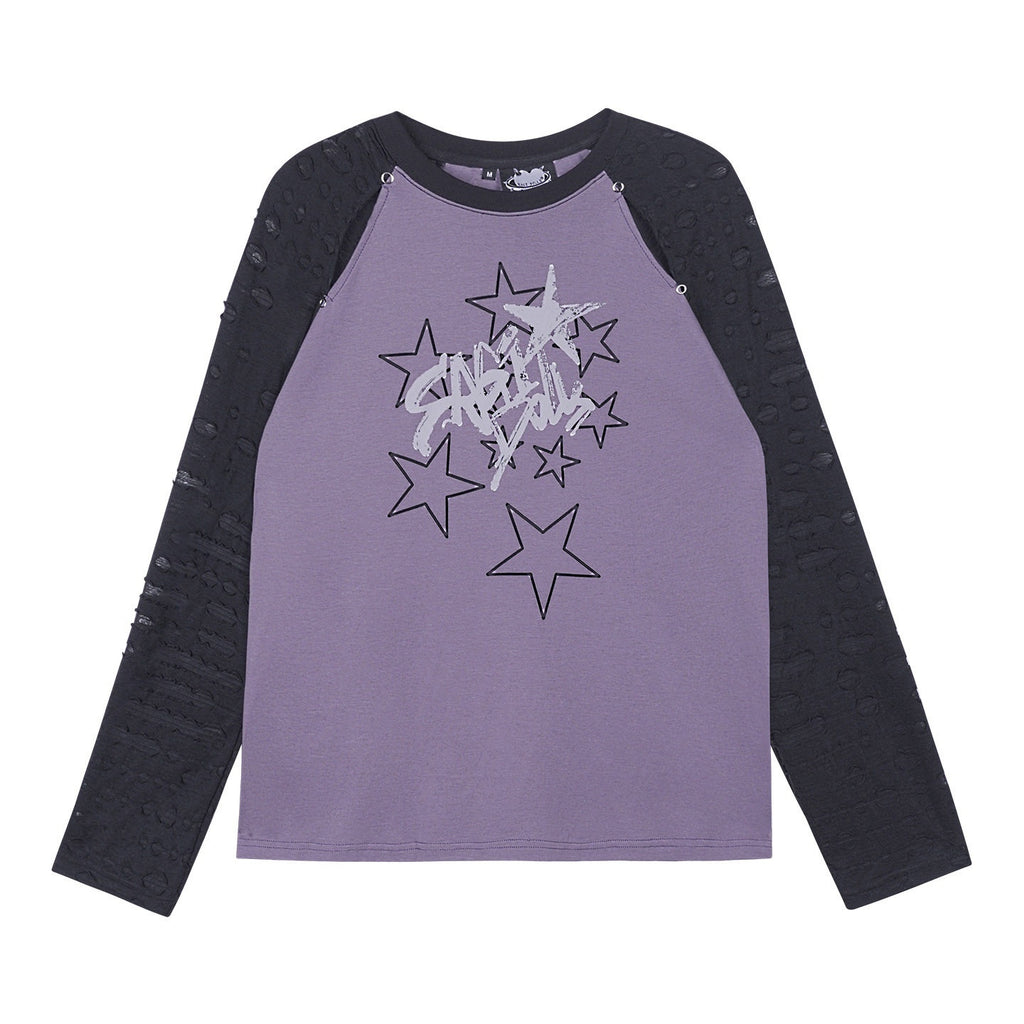 SagiDolls_Black_Purple_Star_Print_Cutout_Raglan_Women's_Cotton_Blend_Oversized_T-shirts_964274106561_MISSTT
