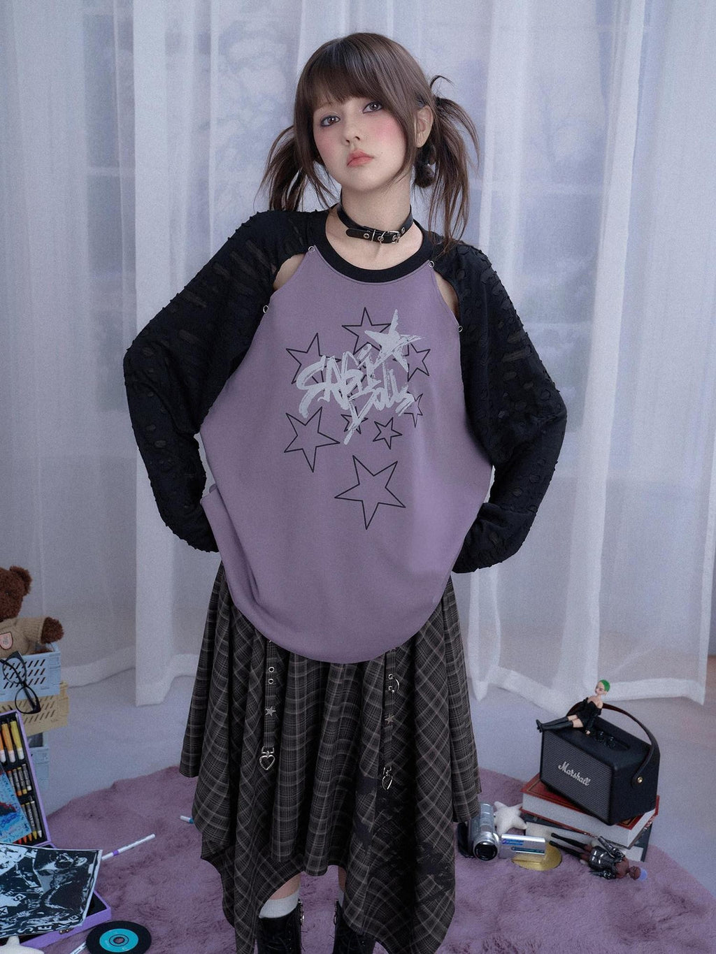 SagiDolls Black Purple Star Print Cutout Raglan Women's Cotton Blend Oversized T-shirts