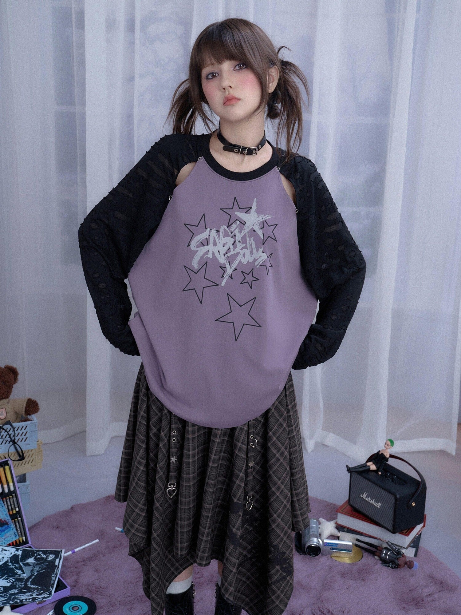 SagiDolls Black Purple Star Print Cutout Raglan Women's Cotton Blend Oversized T-shirts