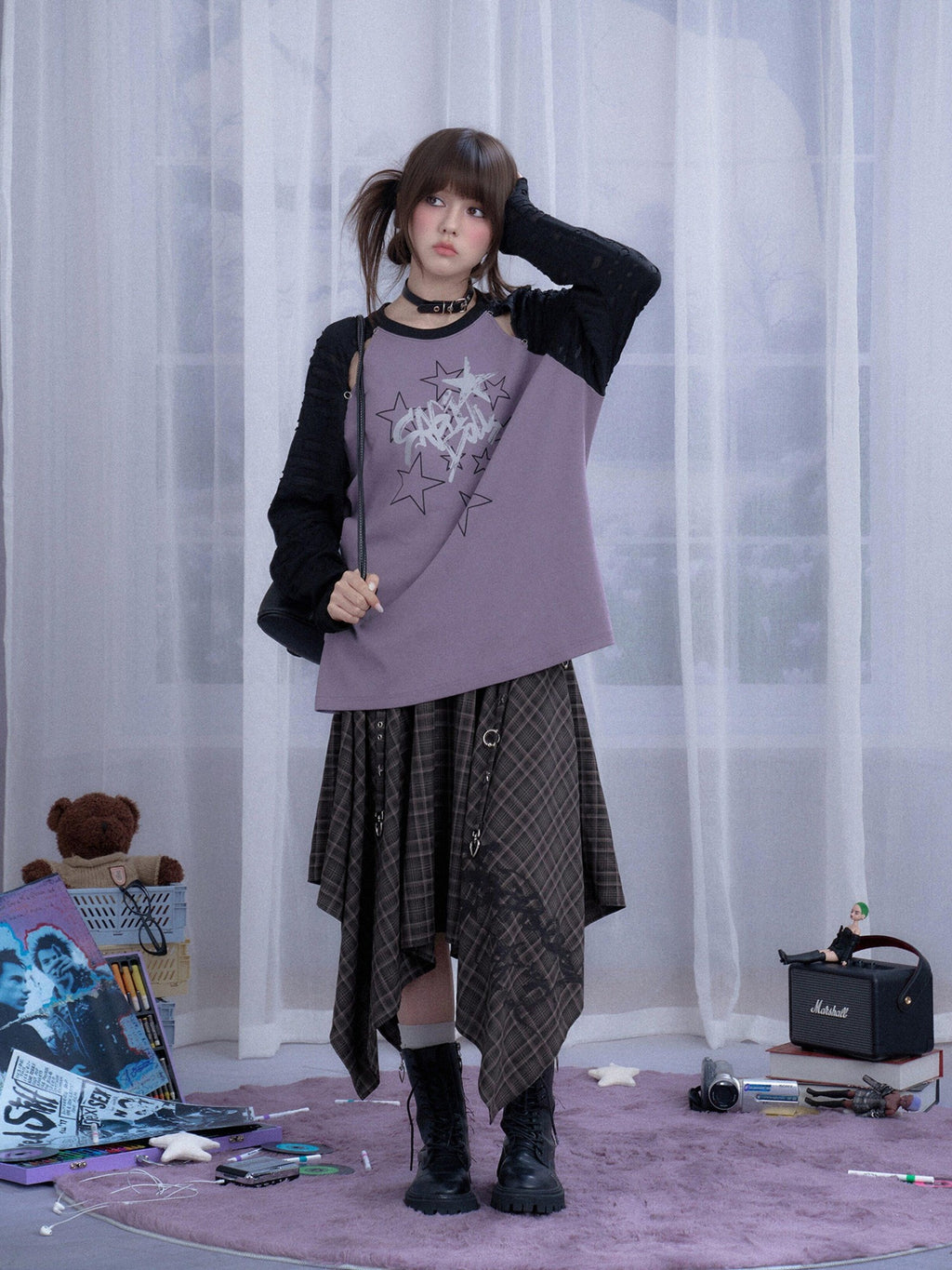 SagiDolls Black Purple Star Print Cutout Raglan Women's Cotton Blend Oversized T-shirts