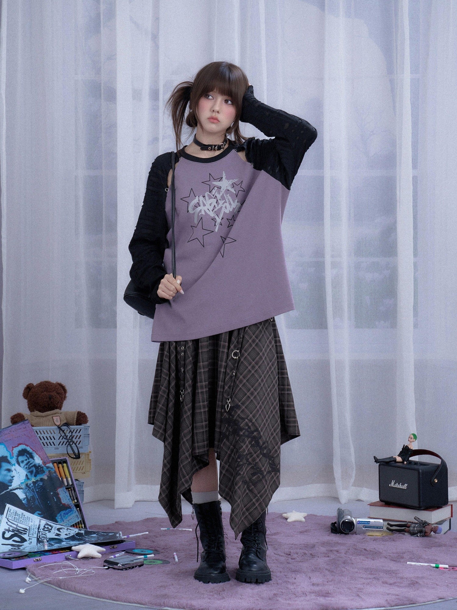 SagiDolls Black Purple Star Print Cutout Raglan Women's Cotton Blend Oversized T-shirts