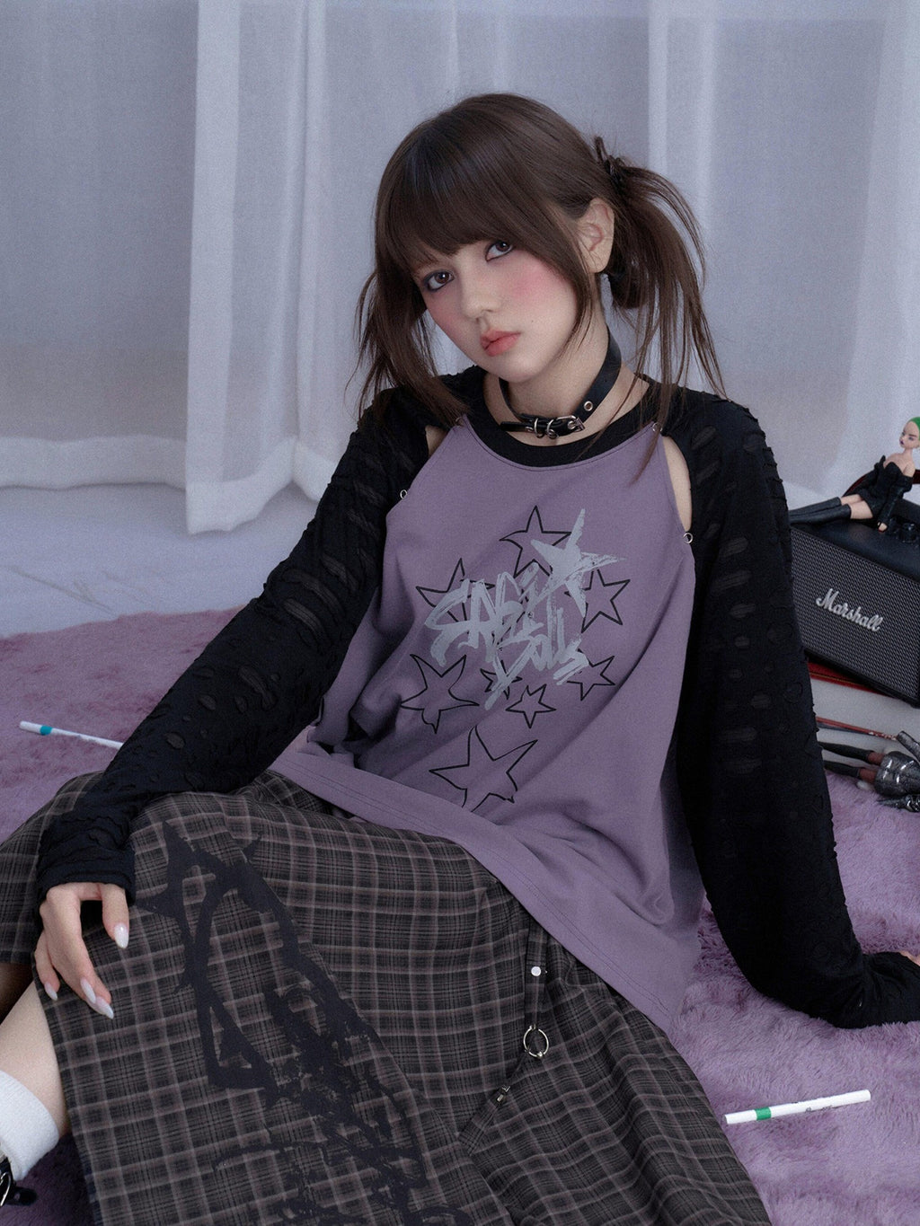 SagiDolls Black Purple Star Print Cutout Raglan Women's Cotton Blend Oversized T-shirts