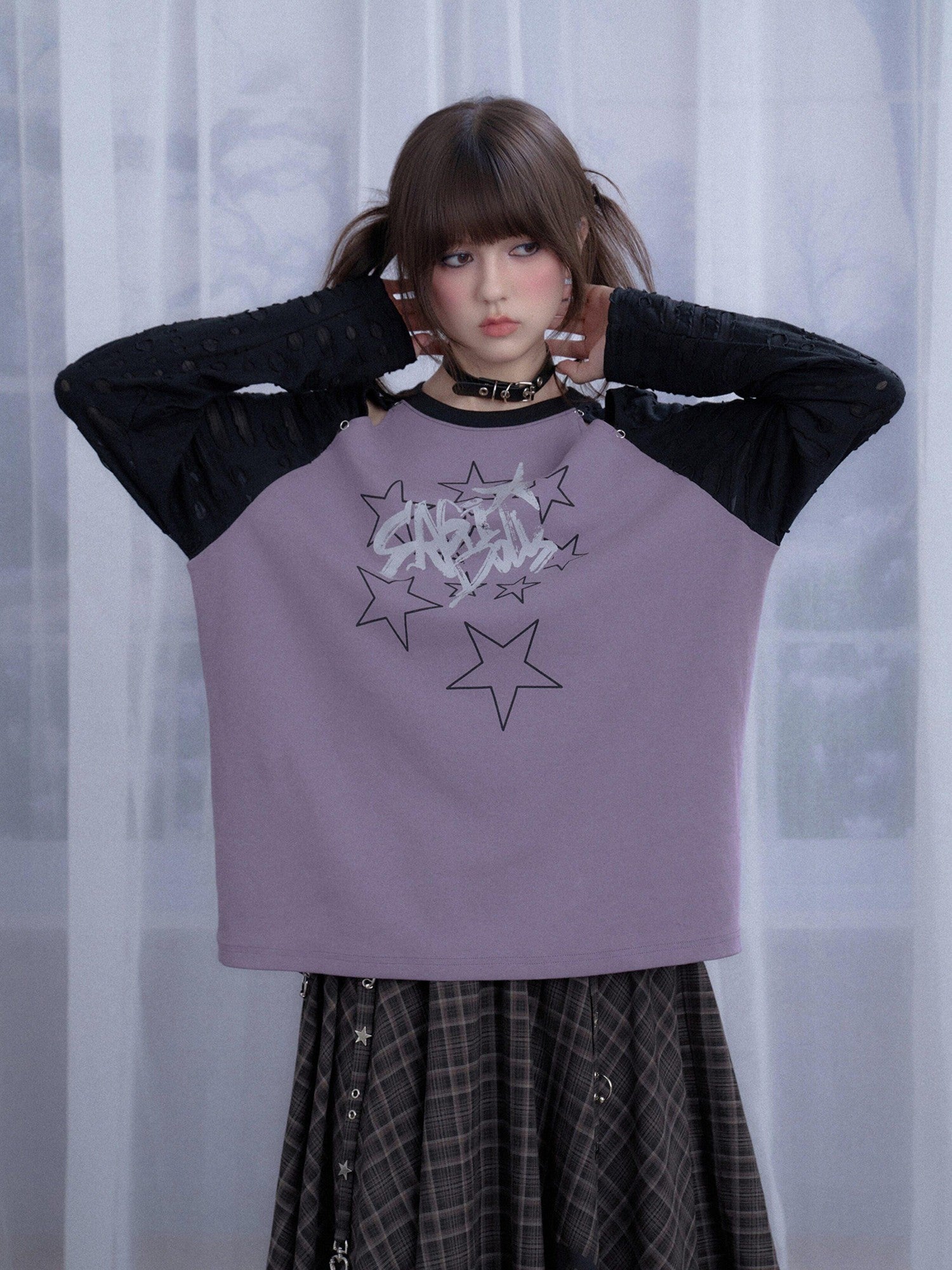 SagiDolls Black Purple Star Print Cutout Raglan Women's Cotton Blend Oversized T-shirts