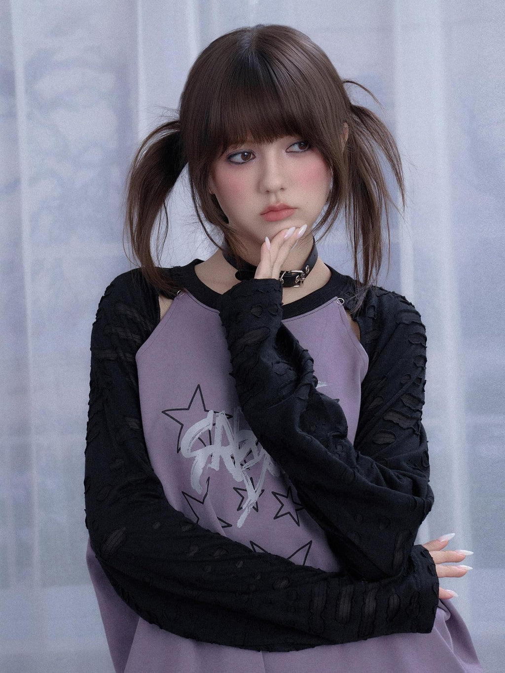 SagiDolls Black Purple Star Print Cutout Raglan Women's Cotton Blend Oversized T-shirts