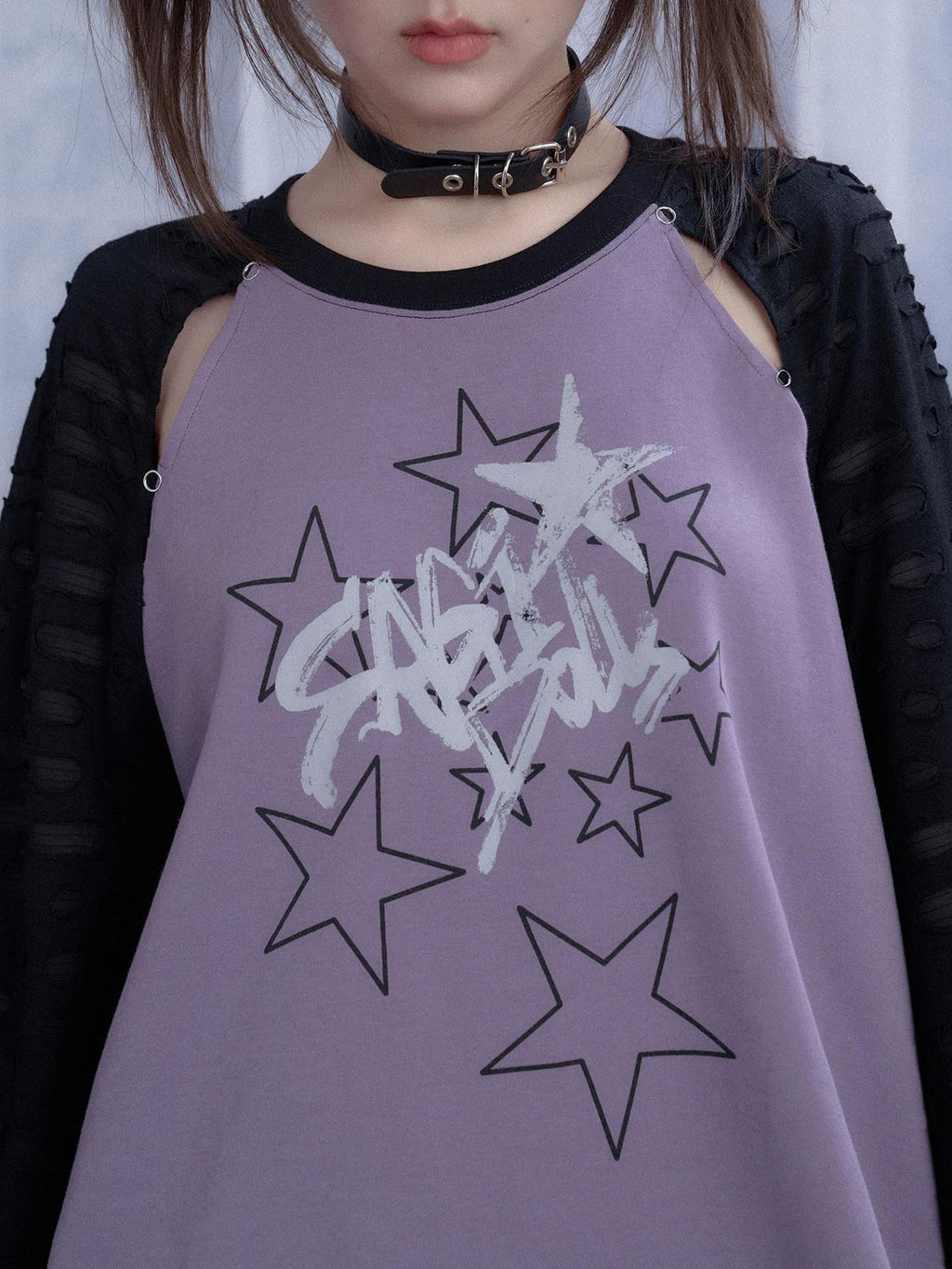 SagiDolls Black Purple Star Print Cutout Raglan Women's Cotton Blend Oversized T-shirts